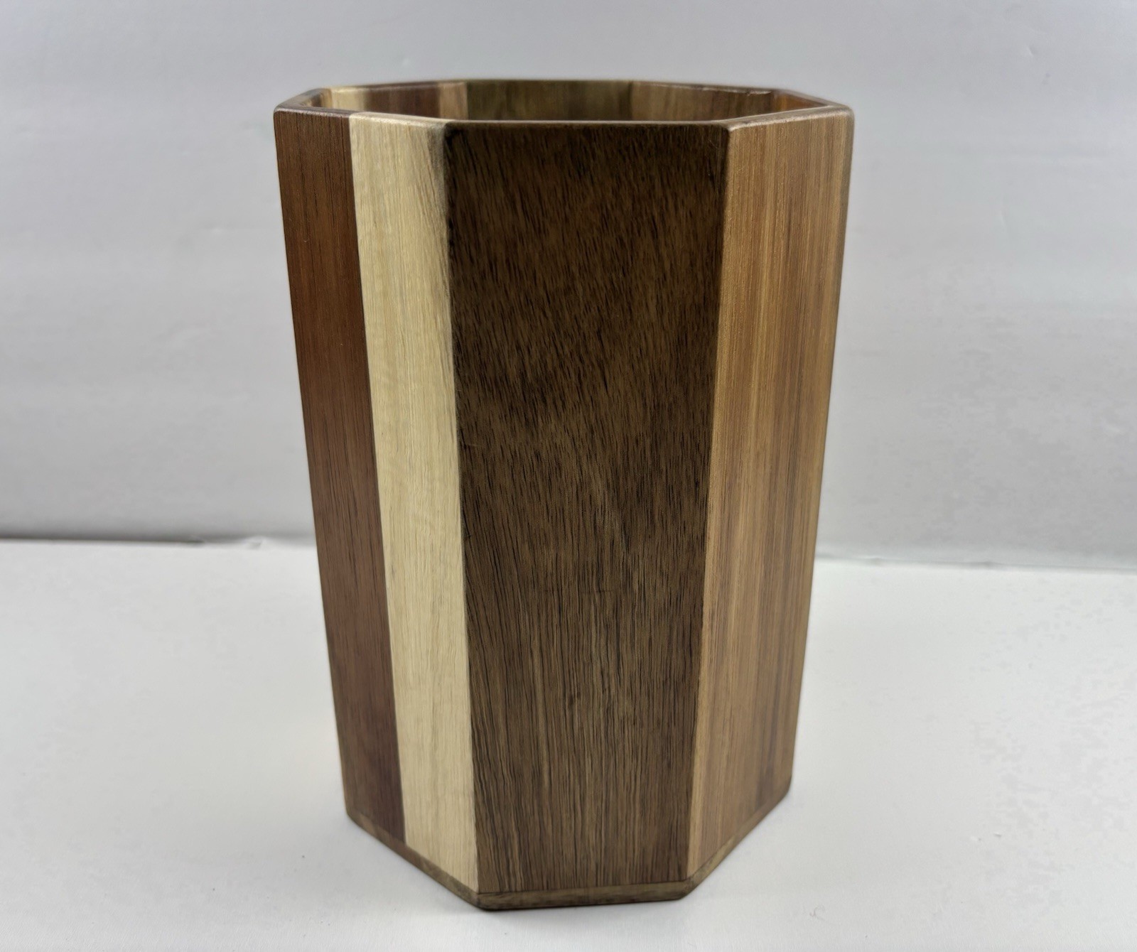 Acacia Wood UTENSIL HOLDER Octagon 8 Panel 7” Tall