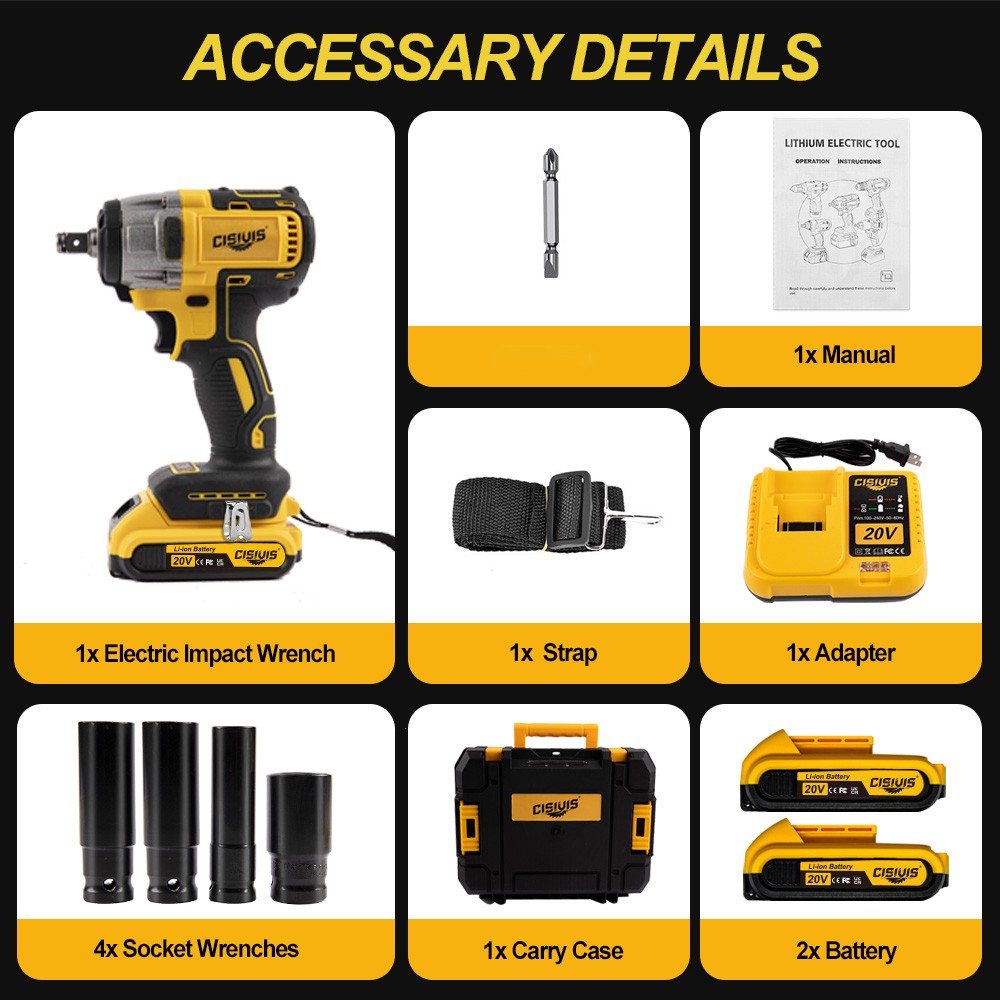 20V Cordless Impact Wrench Kit with 2 Batteries & Charger Brushless Motor
