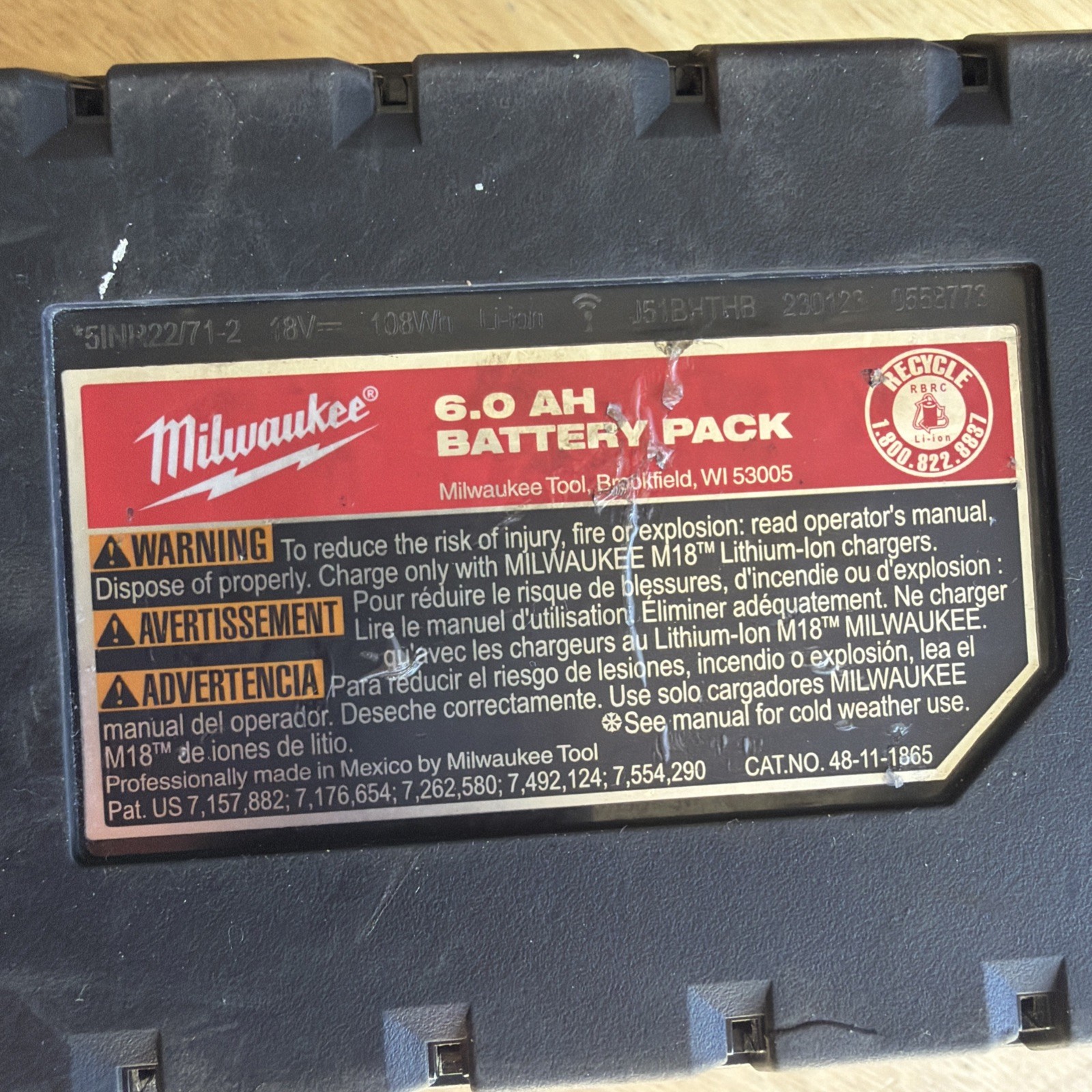 Milwaukee Tools Battery Pack M18 6ah High Output 48-11-1865 PARTS OR REPAIR READ