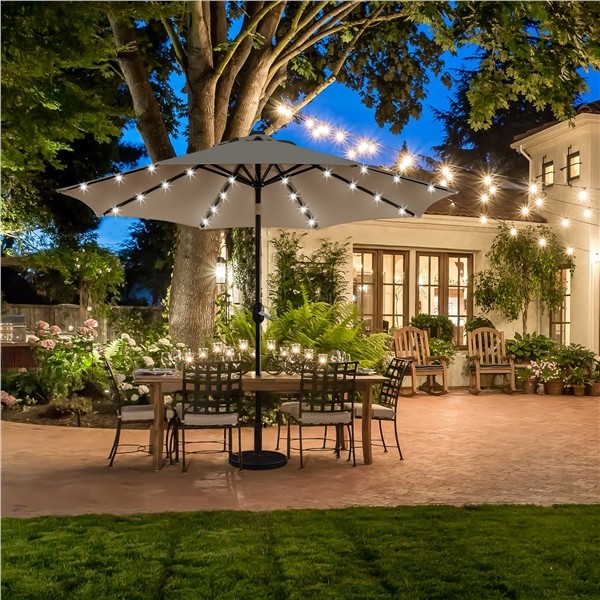 9FT Patio Umbrella Market Umbrella w/ 32 LED Lights & Push Button Tilt & Crank