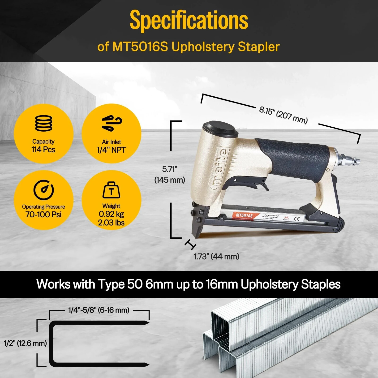 meite MT5016S Pneumatic Staple Gun 20Gauge 1/2″Crown 1/4″-5/8″Upholstery Stapler
