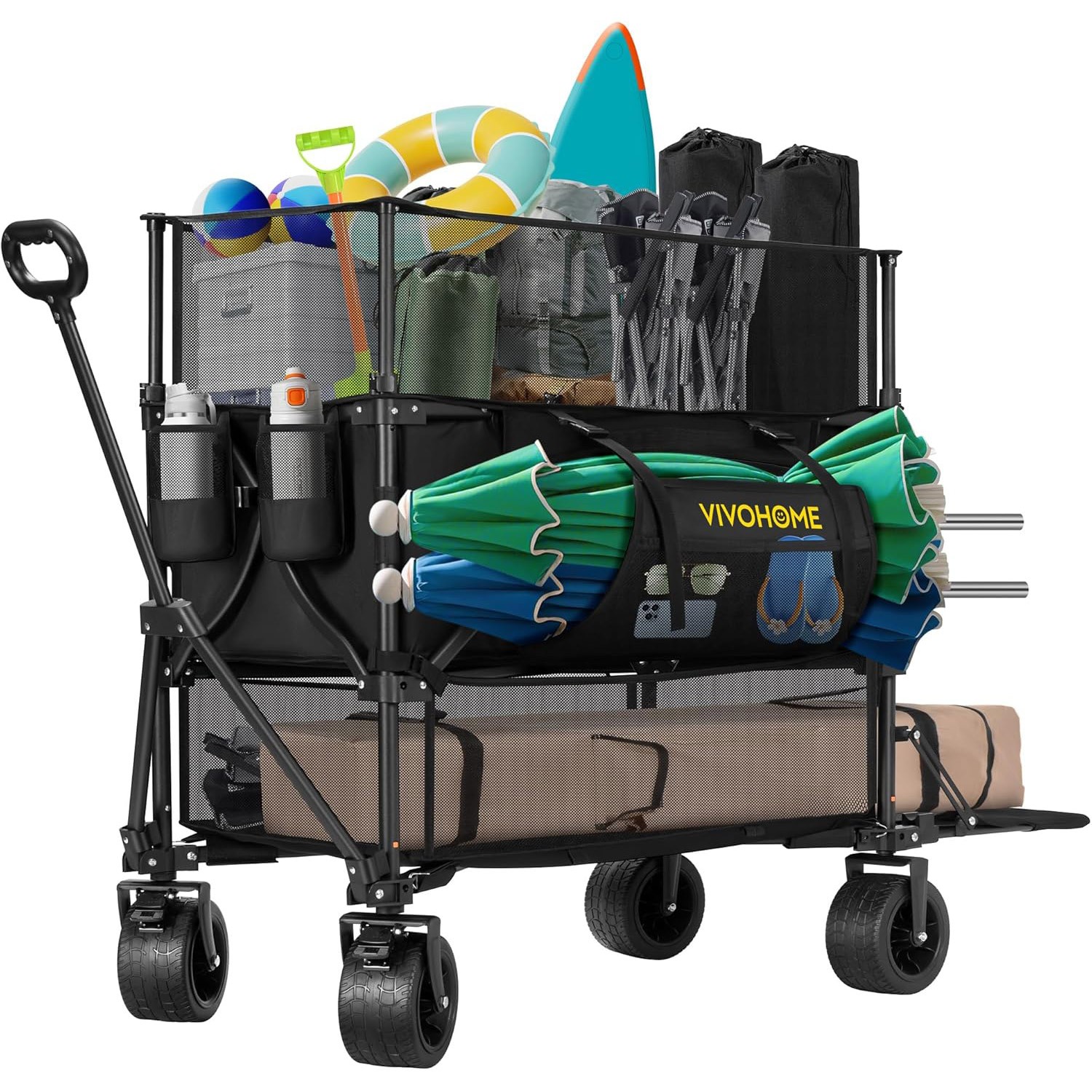 500L Capacity Double Decker Collapsible Wagon 600lbs Utility Cart w/ Big Wheels