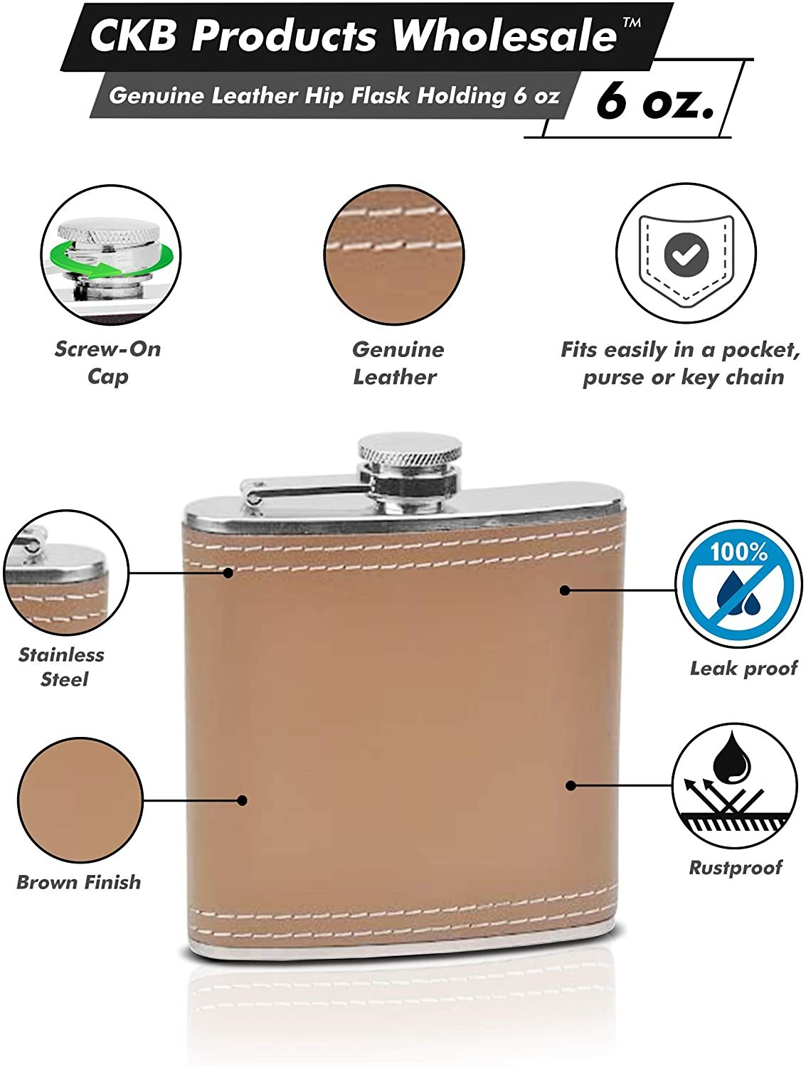Genuine Leather Hip Flask Holding 6 oz – Engravable