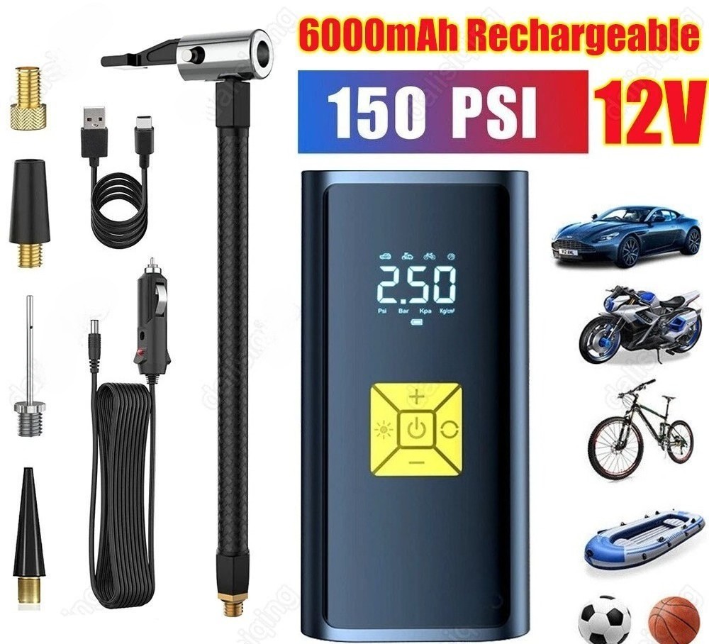 150 PSI Air Compressor Tire Inflator Fits Car Moto Bike Tires Air Pump Cordless
