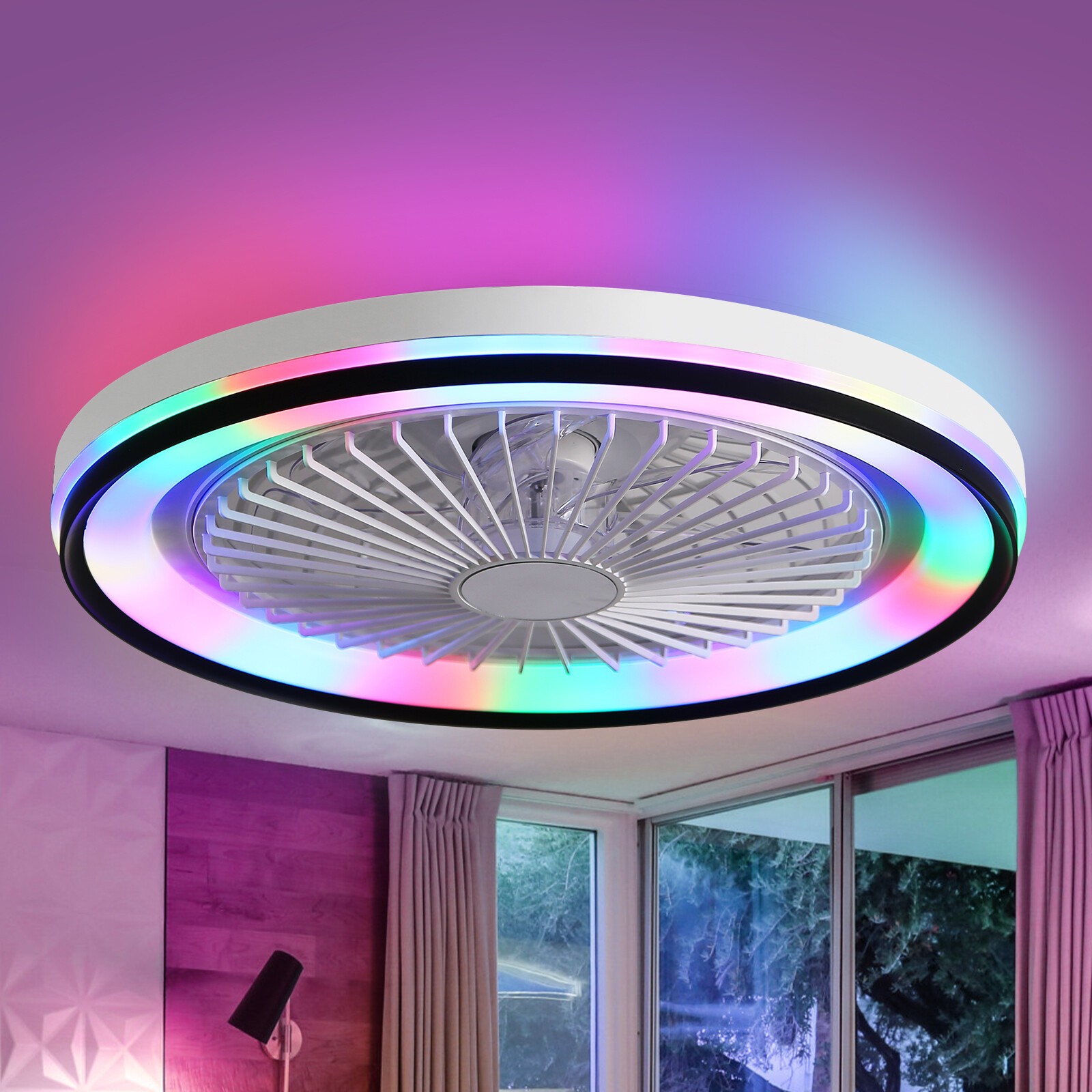 19in Flush Mount LED Ceiling Fan with RGB Light Remote & APP Control Fan Light