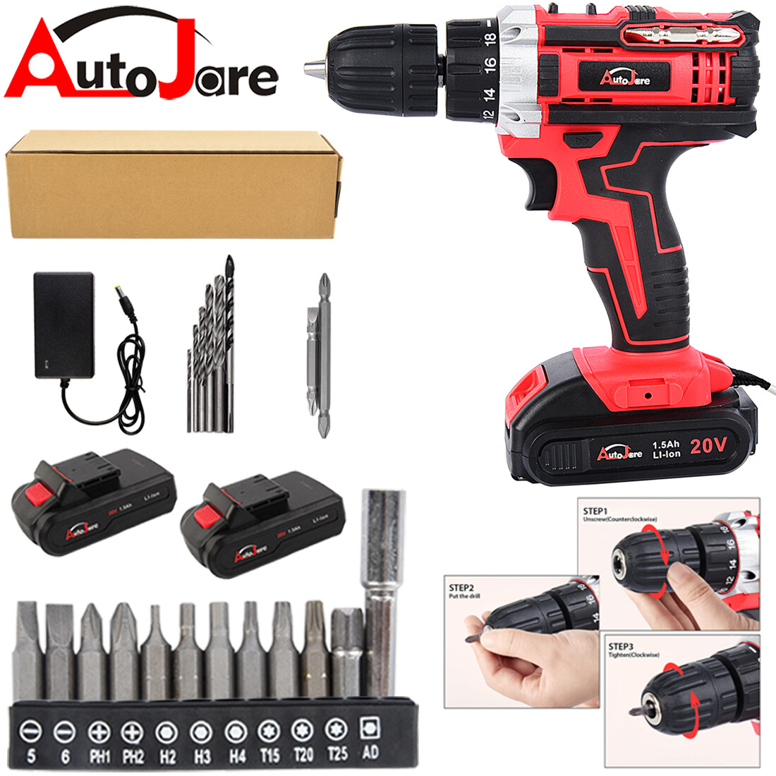 Cordless Screwdriver Drill Kit Electric Rechargeable Power Tool Set W/2 Battery