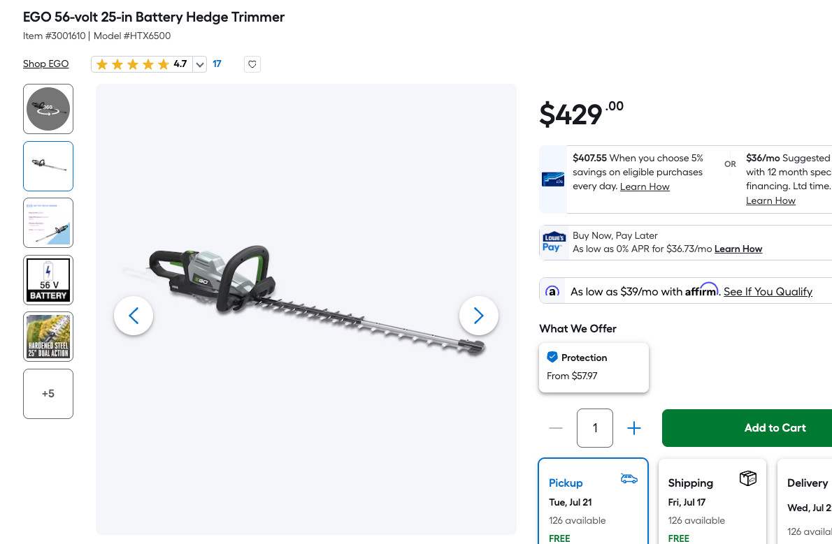 EGO HTX6500 Cordless Commercial Series Hedge Trimmer, Batt&Charger Not Included