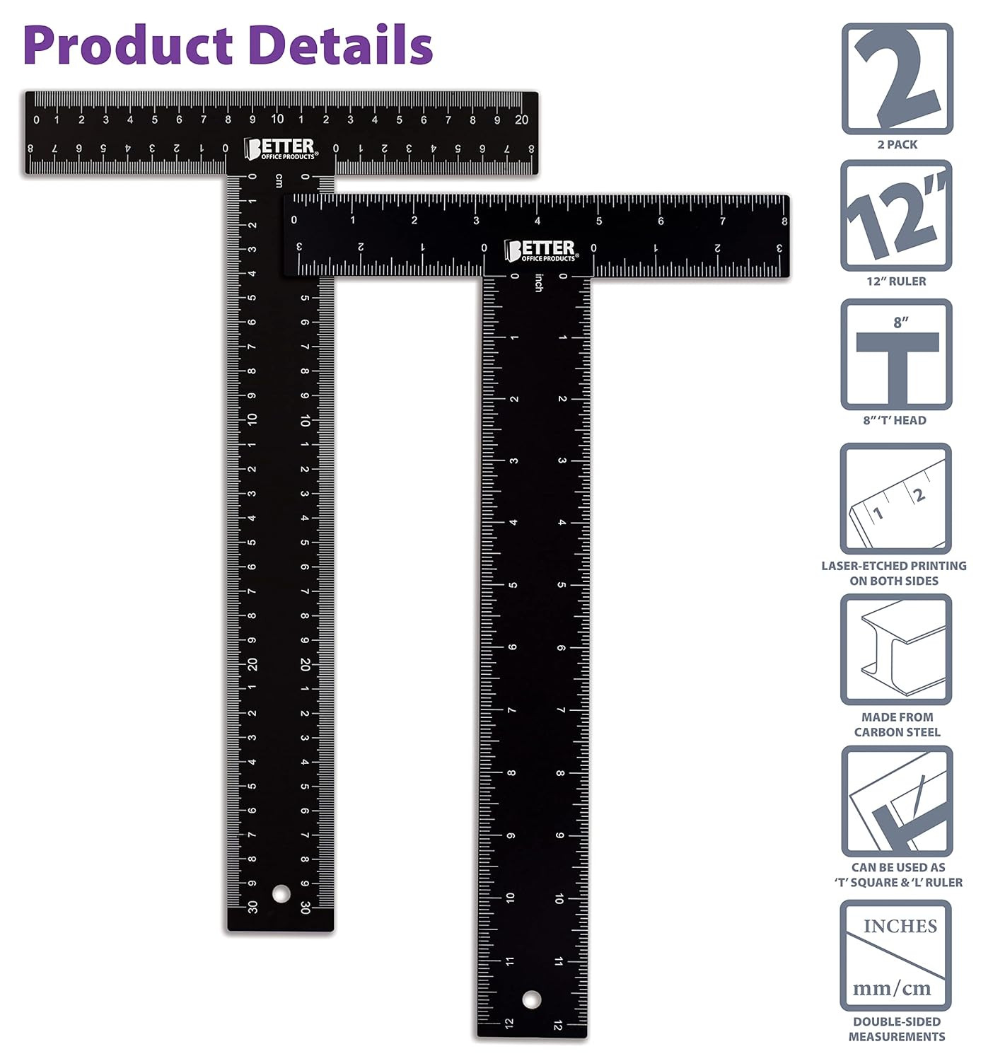 T Square (2 Pack) T Ruler, 12 inch Metal Carbon Steel Ruler, Double Sided Standa