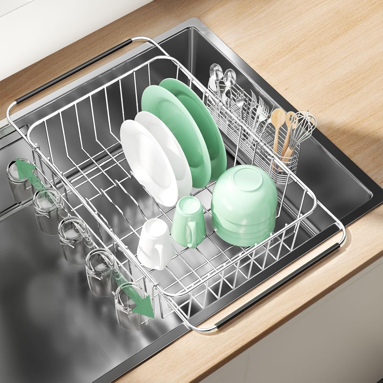 Adjustable In-Sink Dish Drainer Rack Expandable 304 Stainless Steel Drying Rack