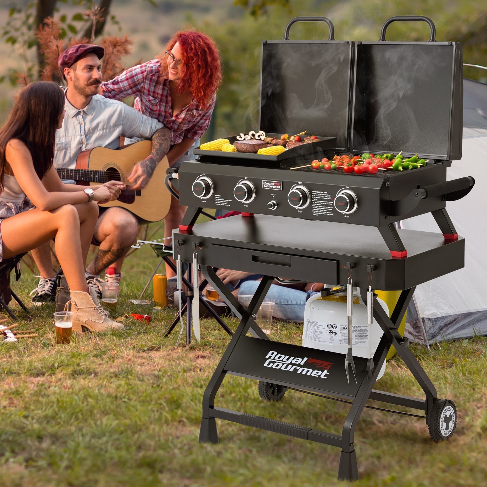 Royal Gourmet Portable Collapsible Grill Stand, Folding Grill Cart Trolley