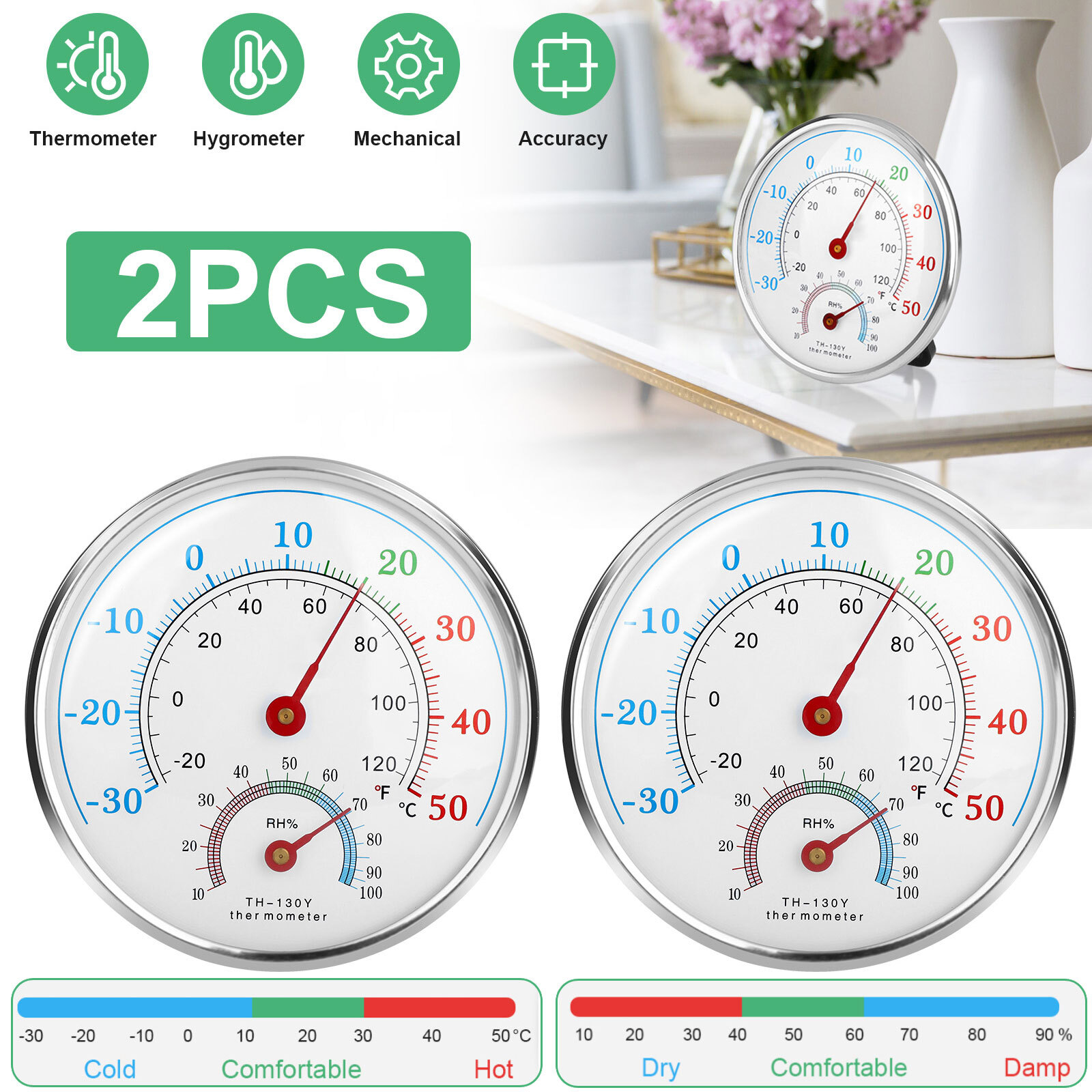 2pcs Analog Thermometer Hygrometer Humidity Meter Gauge Temperature Room Indoor