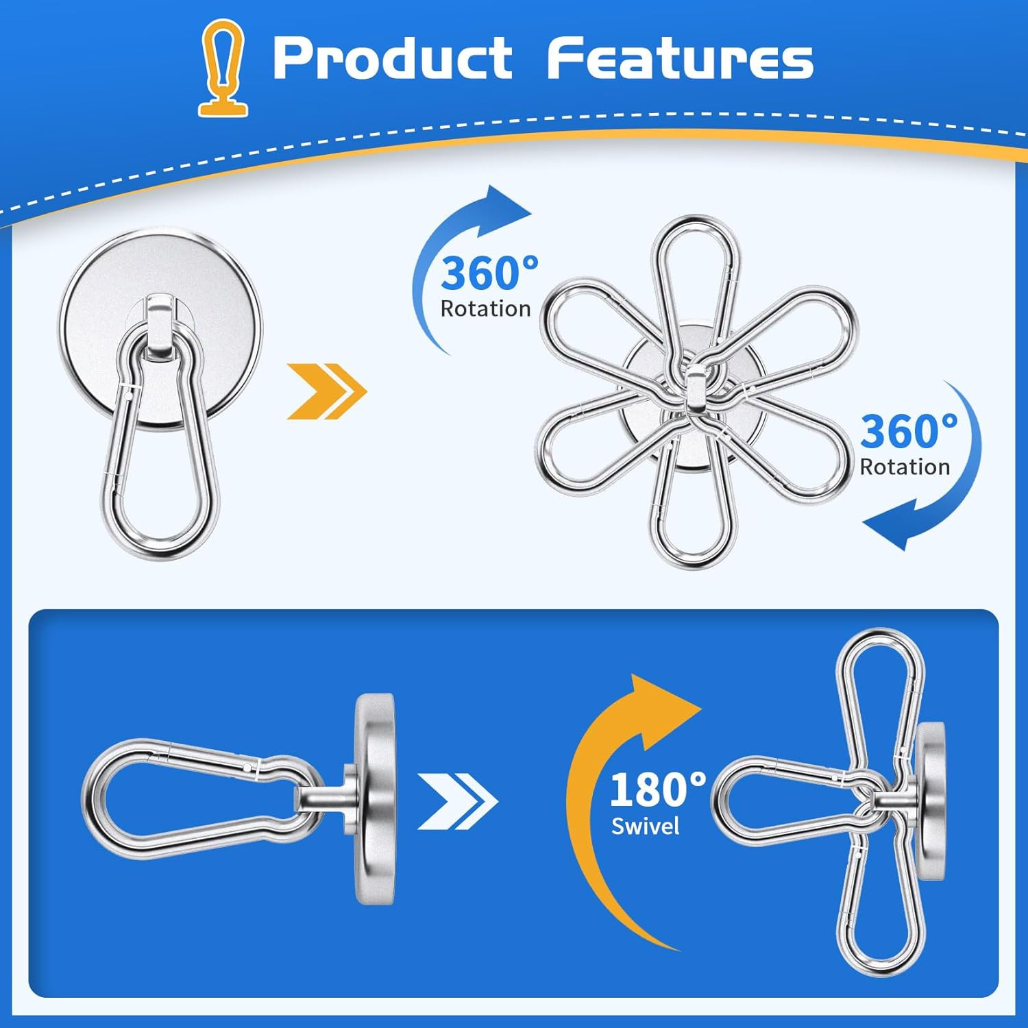 Carabiner Magnetic Hooks 150LBS 4 Pack Strong Magnet Hooks Heavy Duty With Swive