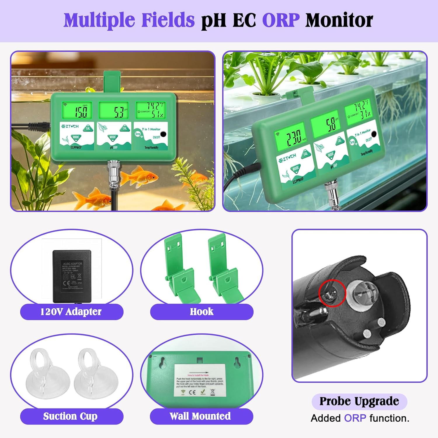 Ph Monitor Hydroponic Continuous 7 in 1 EC Ph TDS CF ORP Monitor, Wifi Continuou