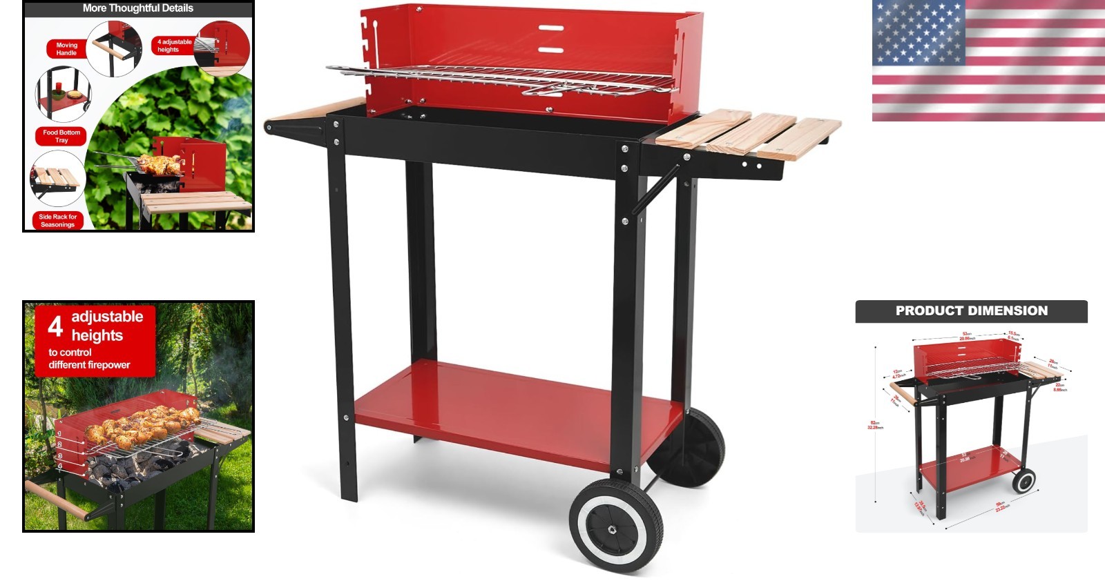 Compact Heavy-Duty Charcoal Grill with Adjustable Height & Ample Storage Table