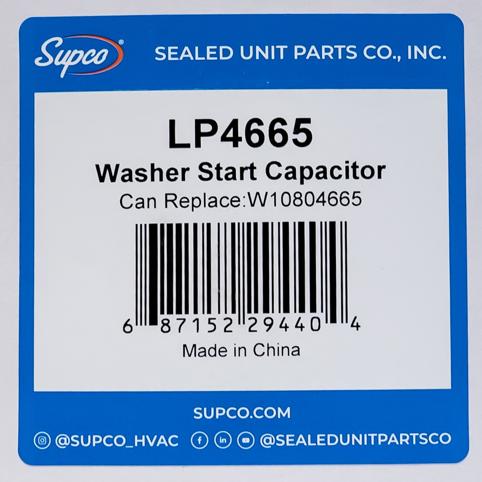 Supco LP4665 Washer Start Capacitor for Whirlpool W10804665 45 uf mfd 250 Volts