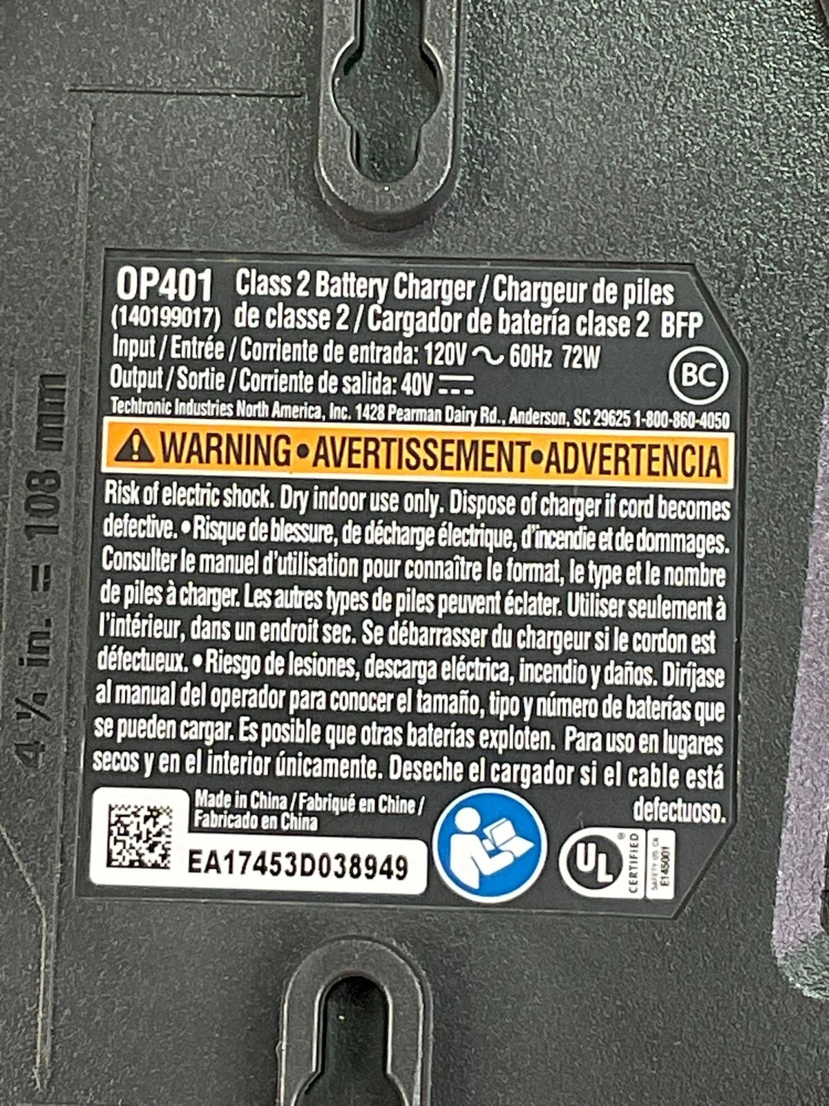 Ryobi OP401 40V Lithium Ion Battery Charger OEM Heavy Duty Used