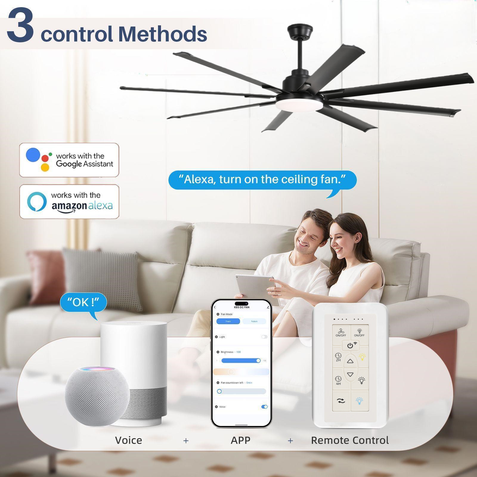72in,Smart Large,Ceiling Fans,Stepless Dimming LED,APP/Voice/Remote,Google/Alexa