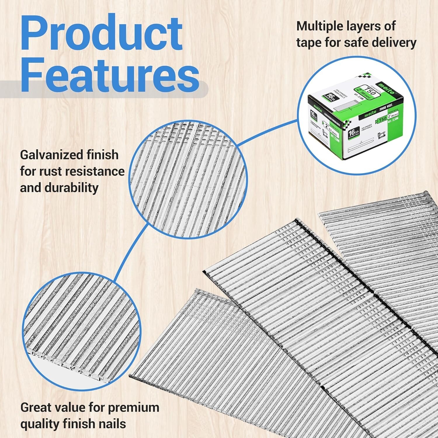 2,500 pcs meite 16 Gauge Finish Brad Nails 7/8″ to 2-1/2″ Galvanized (T Series)