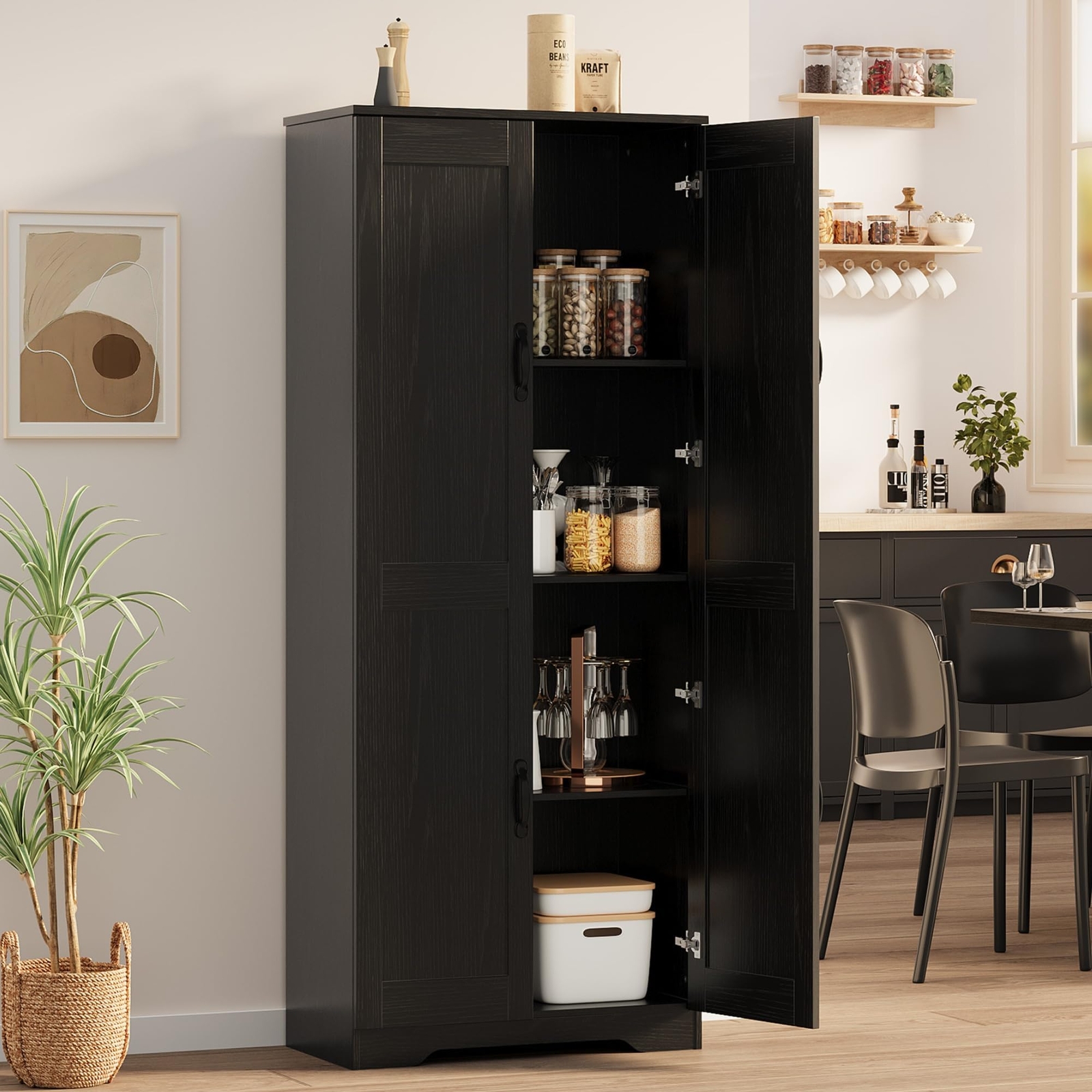 Tall Kitchen Pantry Cabinet, 60” Storage Cabinet w/2 Doors & Adjustable Shelves