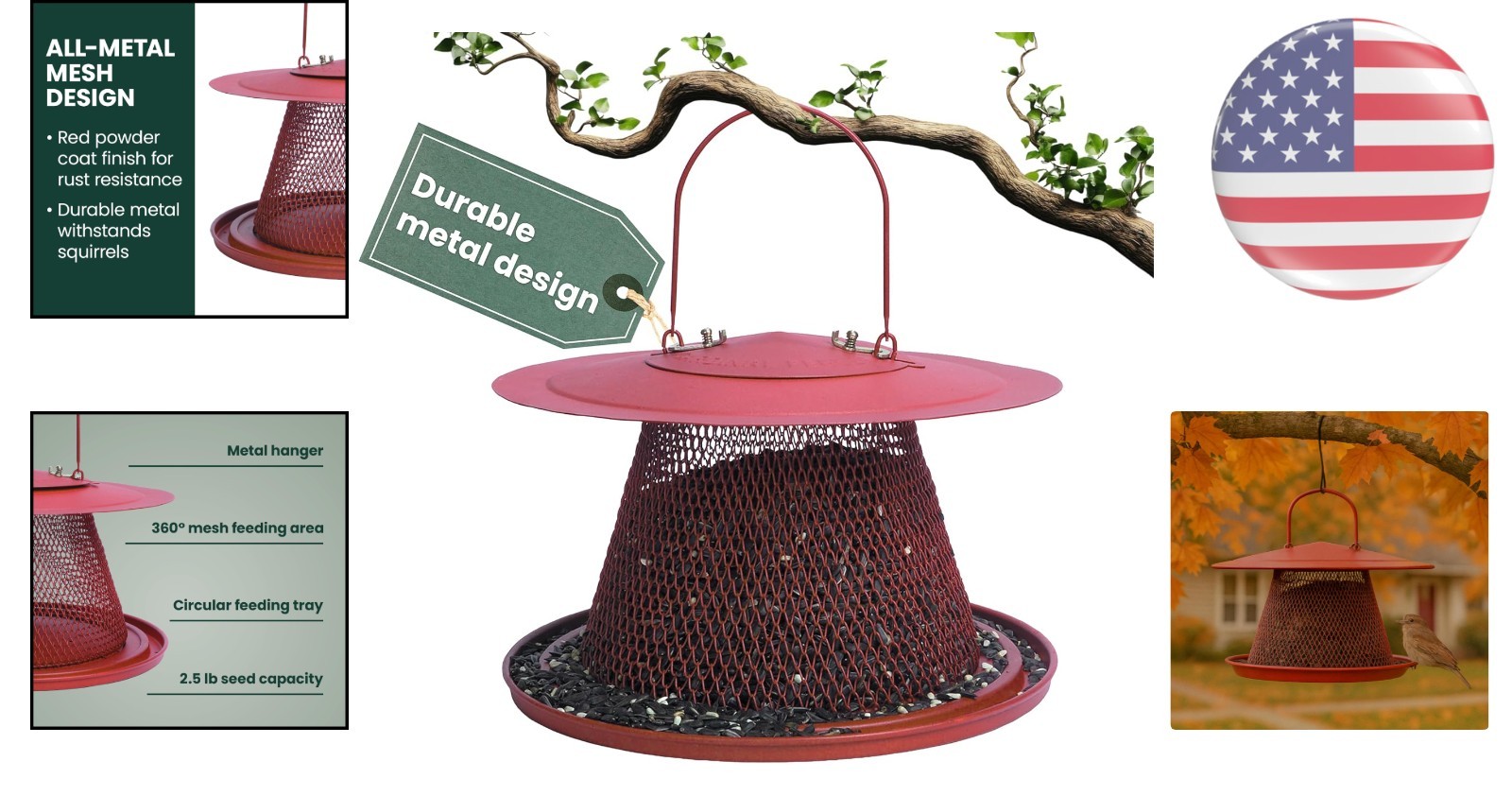 Stylish Red All-Metal Hanging Bird Feeder – 2.5 lb Seed Capacity, Squirrel Proof