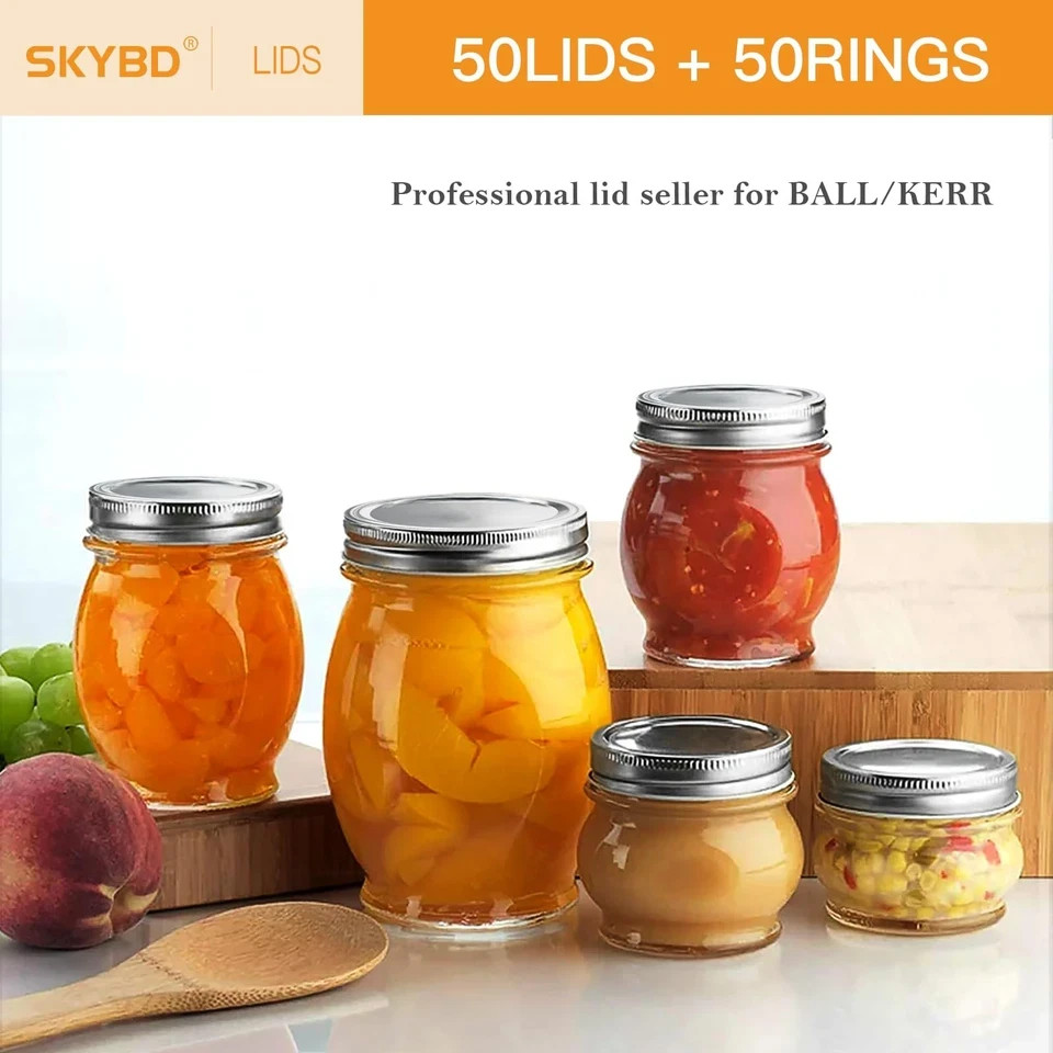 100Pcs/50 Sets Canning Lids and Rings Wide Mouth, Premium Mason Jar Lids with Ri