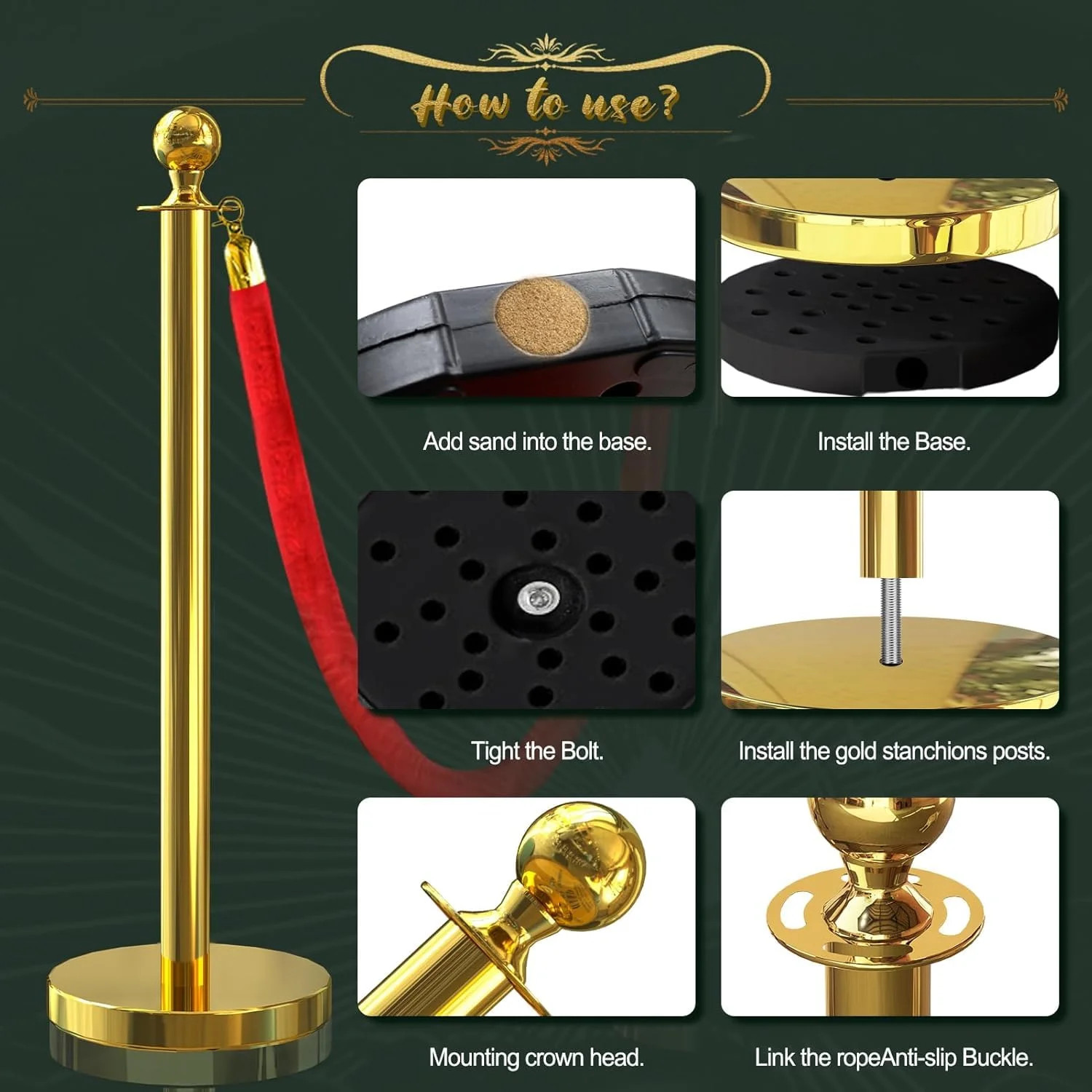 4 Pcs Gold Stanchions with Velvet Ropes with 3 Pcs 5 Ft Red Velvet Ropes Carpet