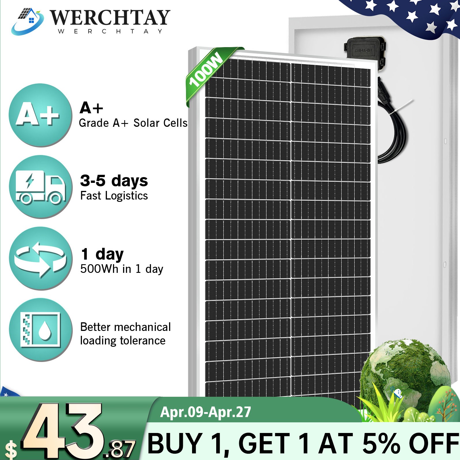 100W Watt 12v Monocrystalline Solar Panel RV Camping Home Off Grid Caravan Boat