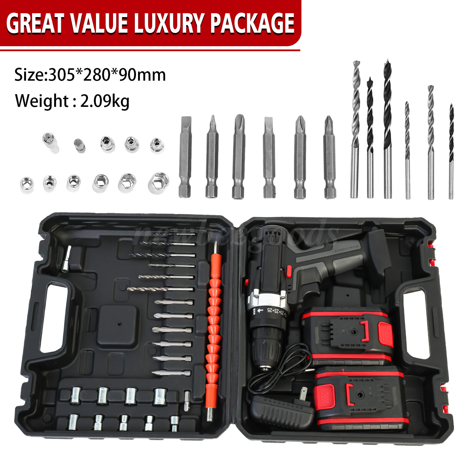 21V Electric Drill 3/8″ Power Cordless Screwdriver Drill Set with 2 Battery Kit