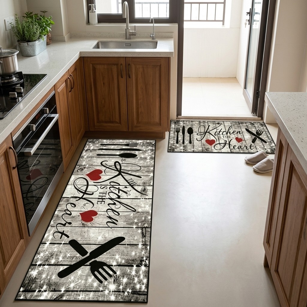 Non-Slip Washable Kitchen Floor Mat with Rustic Utensil Print Crystal Velvet