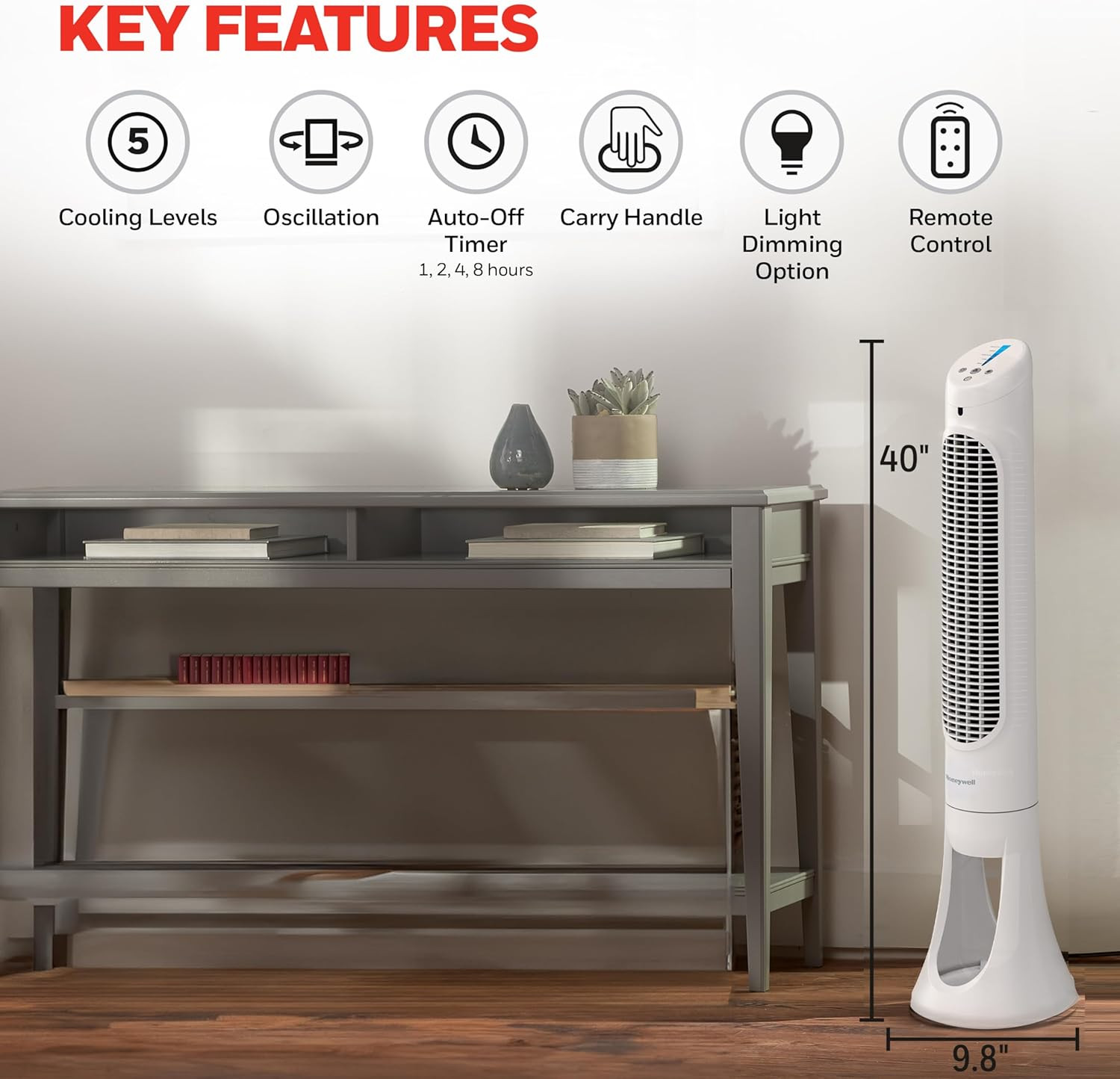 Quietset Whole Room Oscillating Tower Fan with Remote, White, HYF260