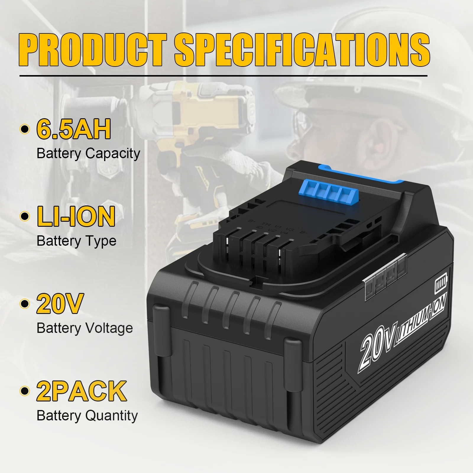 2PC 20V 6.5Ah Battery for Dewalt 20Volt Max Lithium Battery DCB206-2 DCB205-2