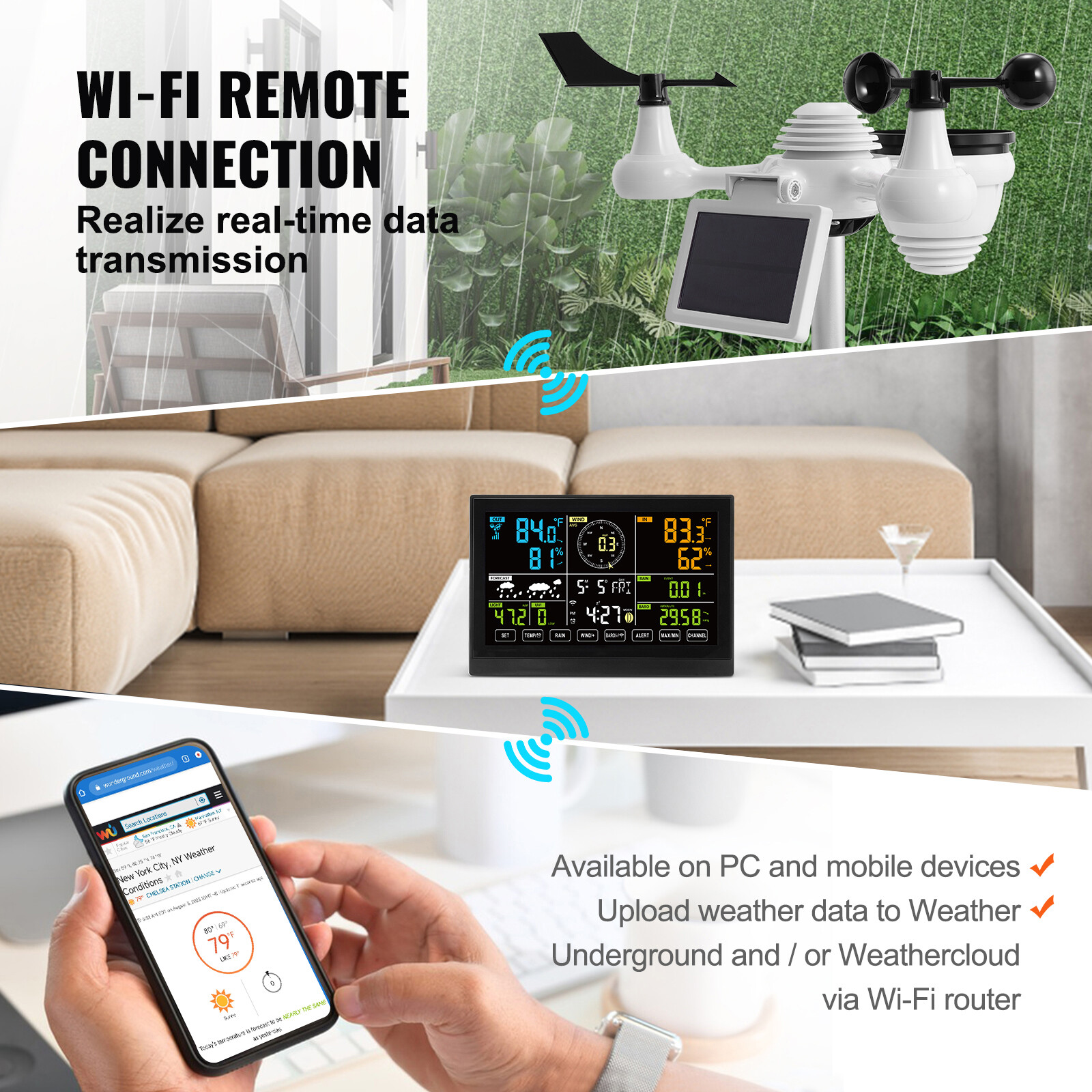 7-in-1 Wi-Fi Weather Station 7.5 in Color Display Wireless Outdoor Sensor