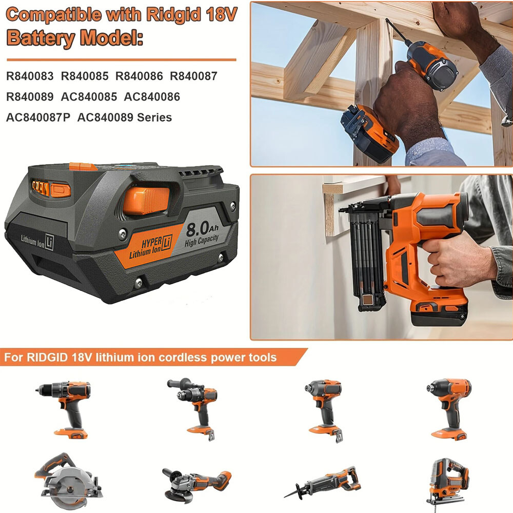 New For Ridgid R840087 6Ah 8Ah Lithium Battery Rigid 18 Volt R840085 Power Tools