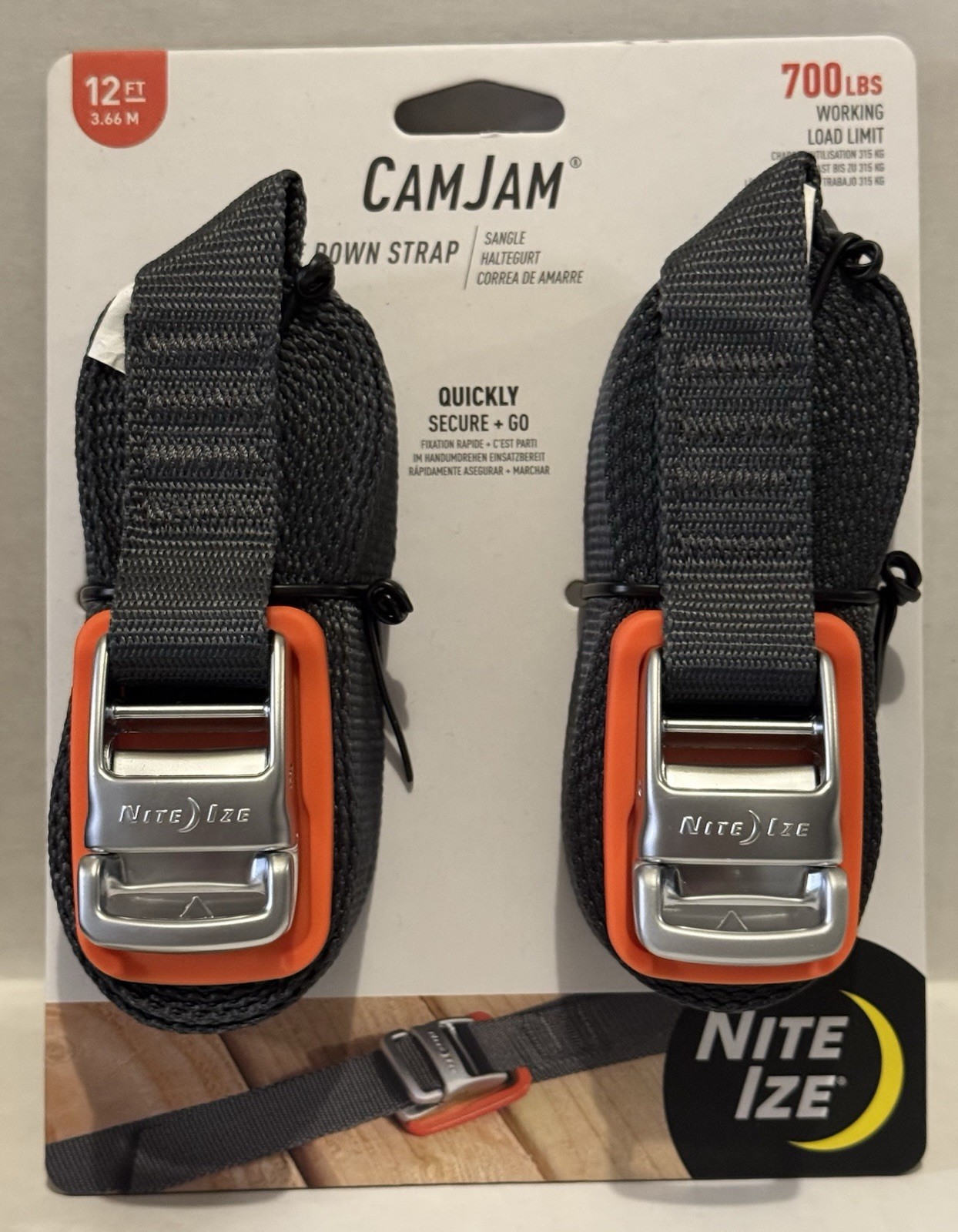 Nite Ize 2-Pack CamJam Tie Down Straps, 12′ – 700 lbs Working Load Limit Orange