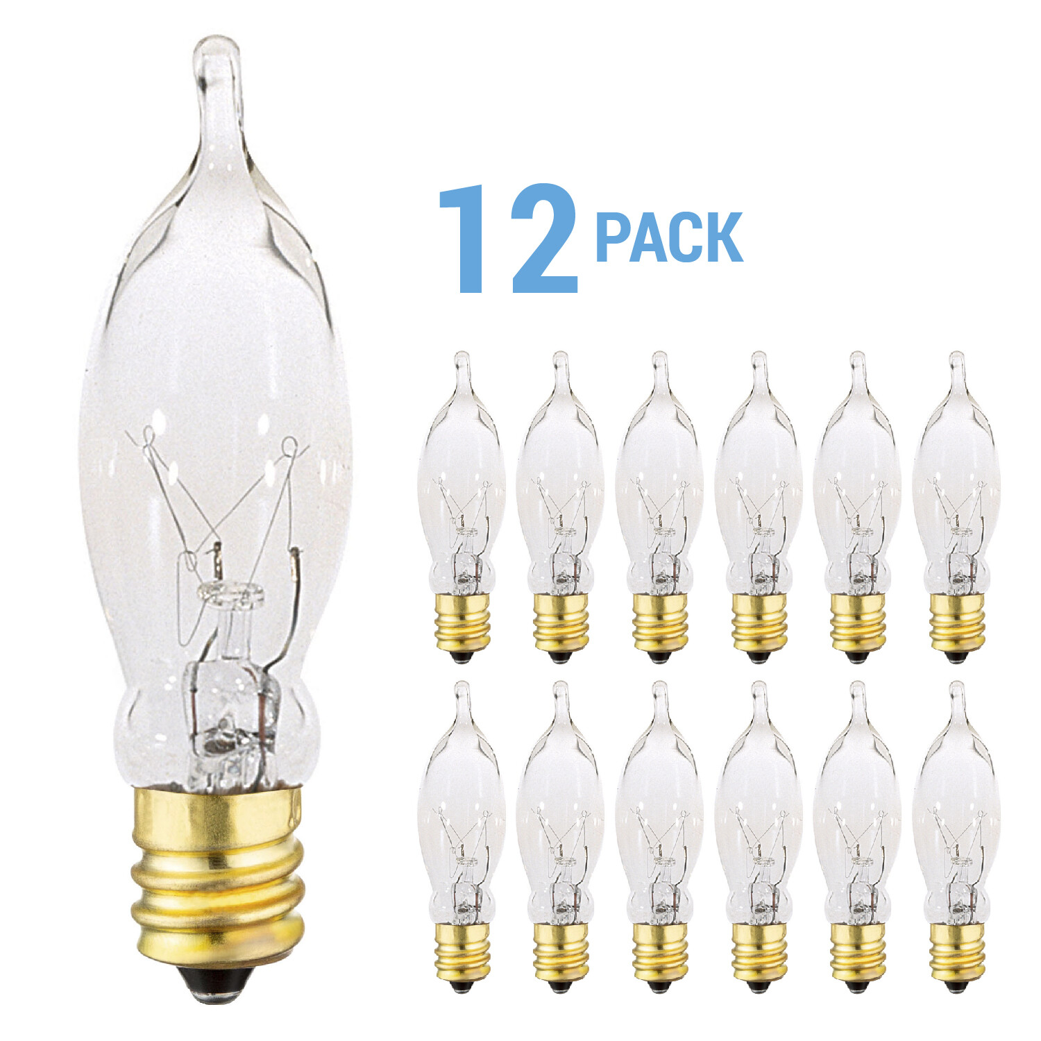 12 Pack 7.5W CA5 Candelabra E12 Base 120V Flame Tip Clear Chandelier Petite Bulb