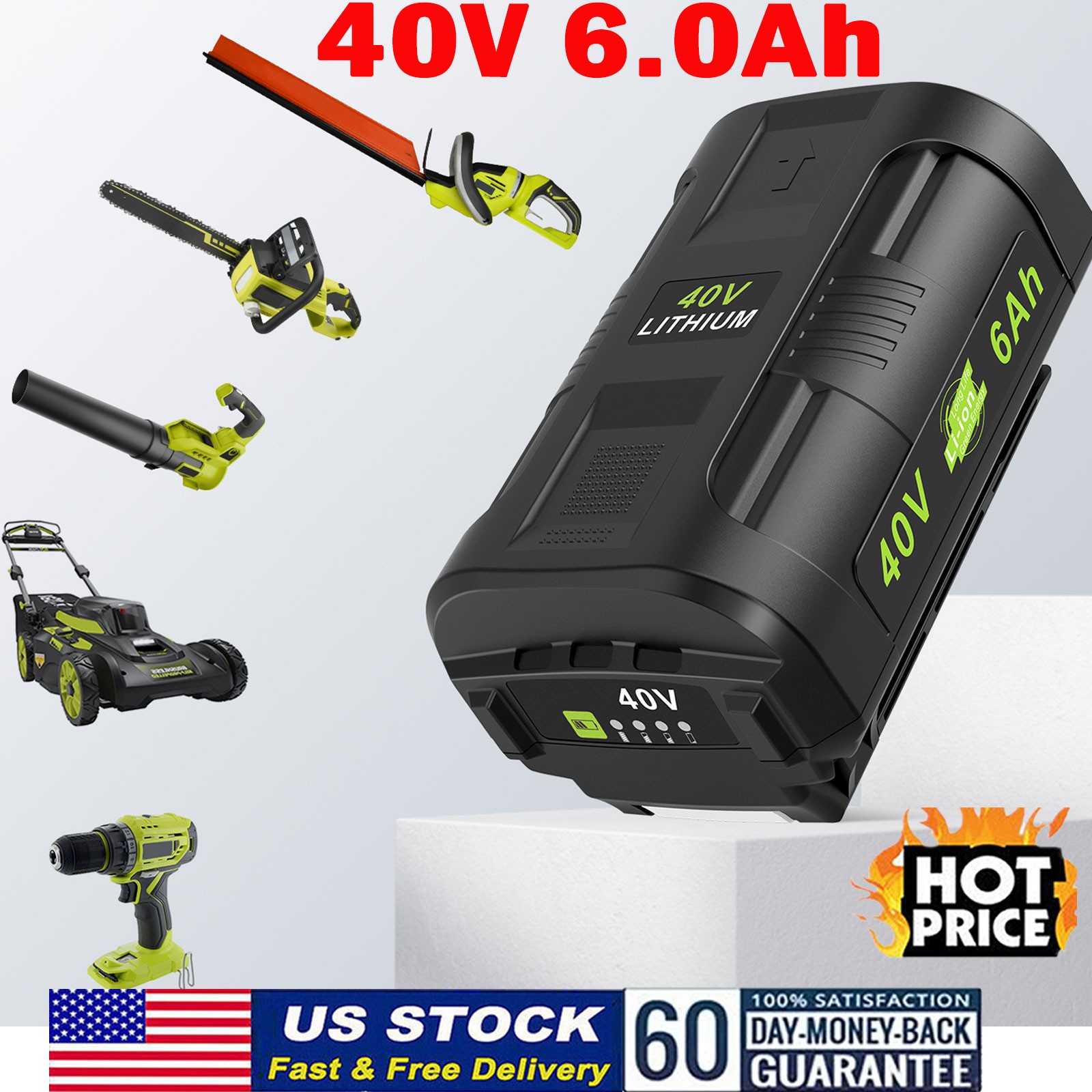 40V 6.0Ah Battery for Ryobi 40 Volt Lithium OP4050 OP40602 OP40261 OP4060 OP4030