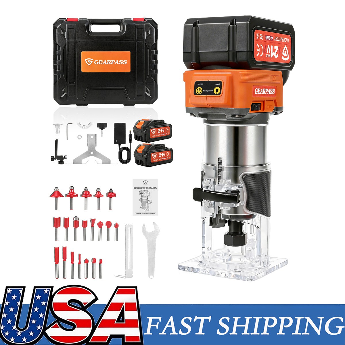 Cordless Brushless Router 21V 30000 RPM Kit 2 Batteries 20 Bits Fixed Base Tool