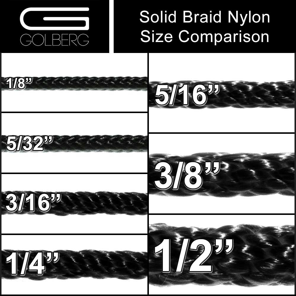 Solid Braid Nylon Rope in 1/8, 5/32, 3/16, 1/4, 5/16, 3/8, and 1/2 Inch Diameter