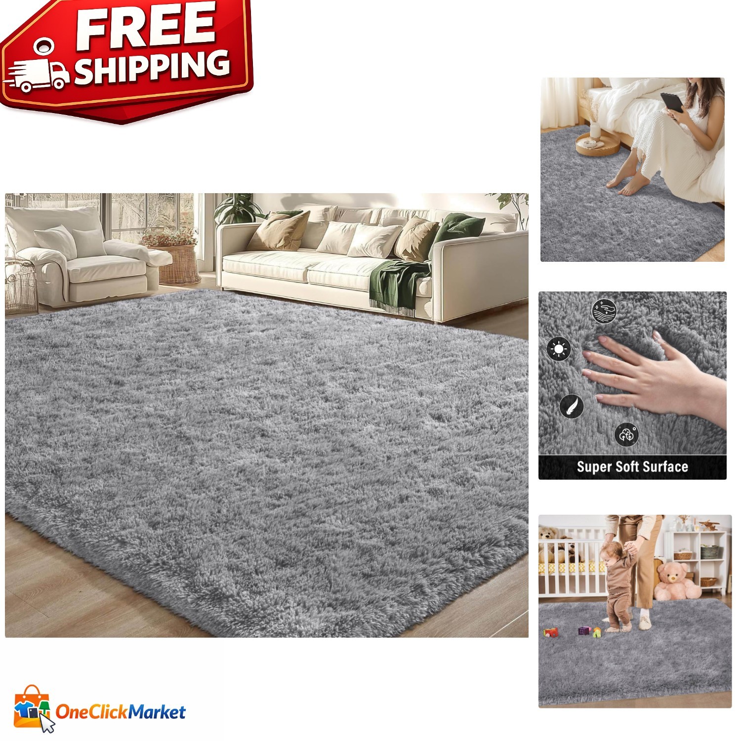 Soft and Cozy 5′ x 8′ Fluffy Area Rug – Stylish Modern Grey Decor for Any Room
