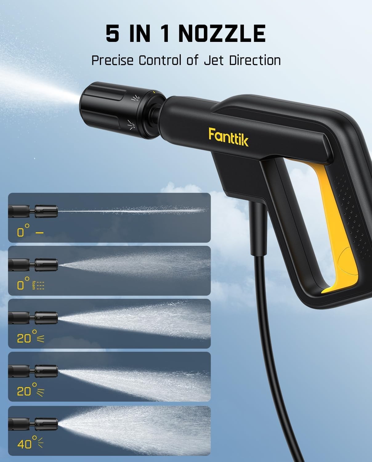 Fanttik NB8 Fold Cordless Electric Pressure Washer w/3.2Gal Tank, 5-in-1 Nozzle,