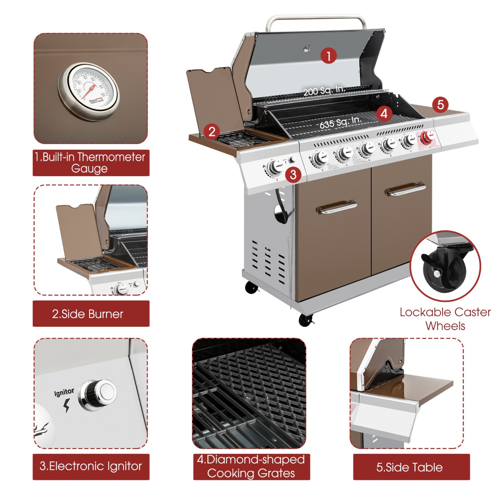 Royal Gourmet GA6402C 6-Burner BBQ Liquid Propane Gas Grill ,74,000 BTU, Coffee