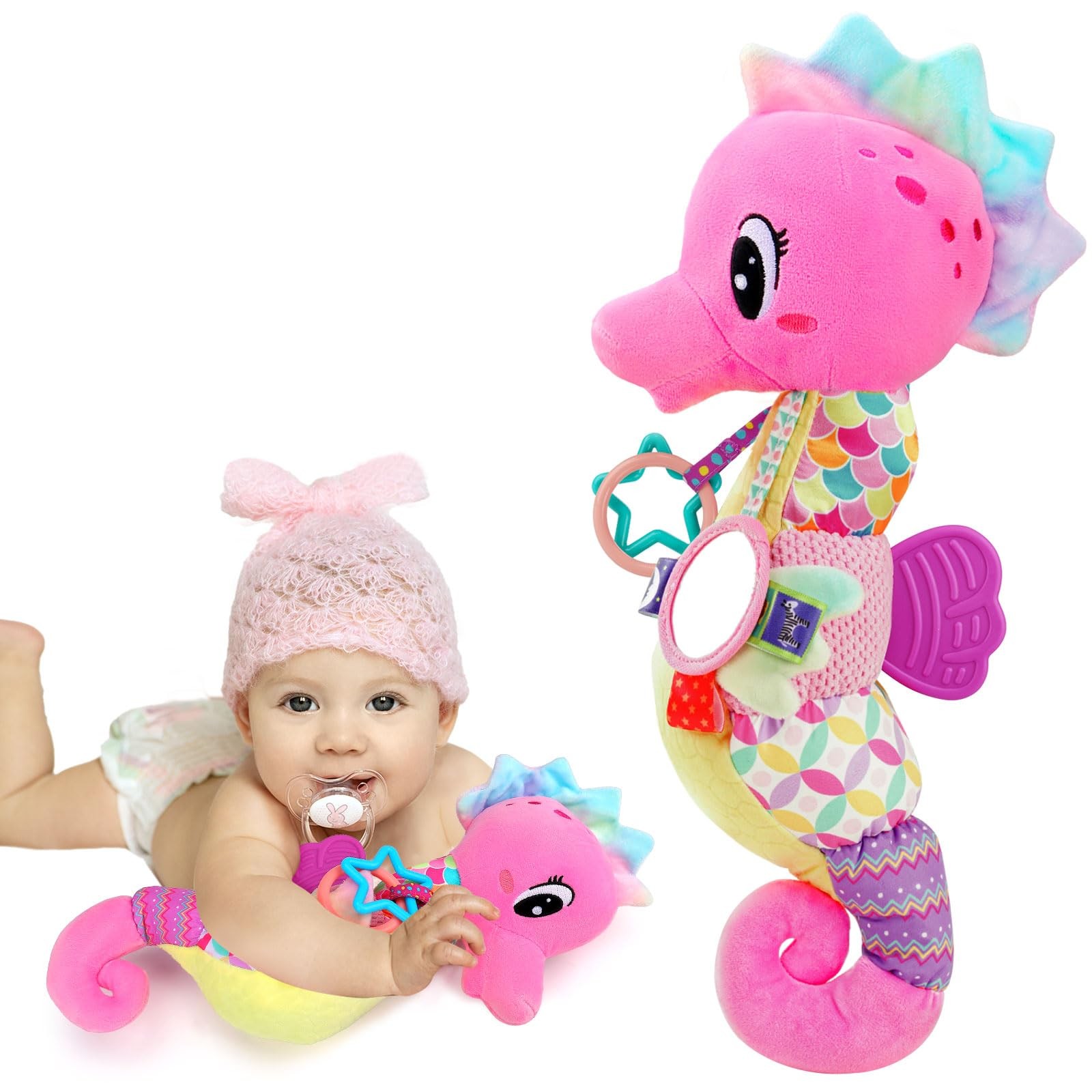 Baby Girl Toys 0-6 3-6 Months Musical Stuffed Animal Plush Pink Seahorse for Inf