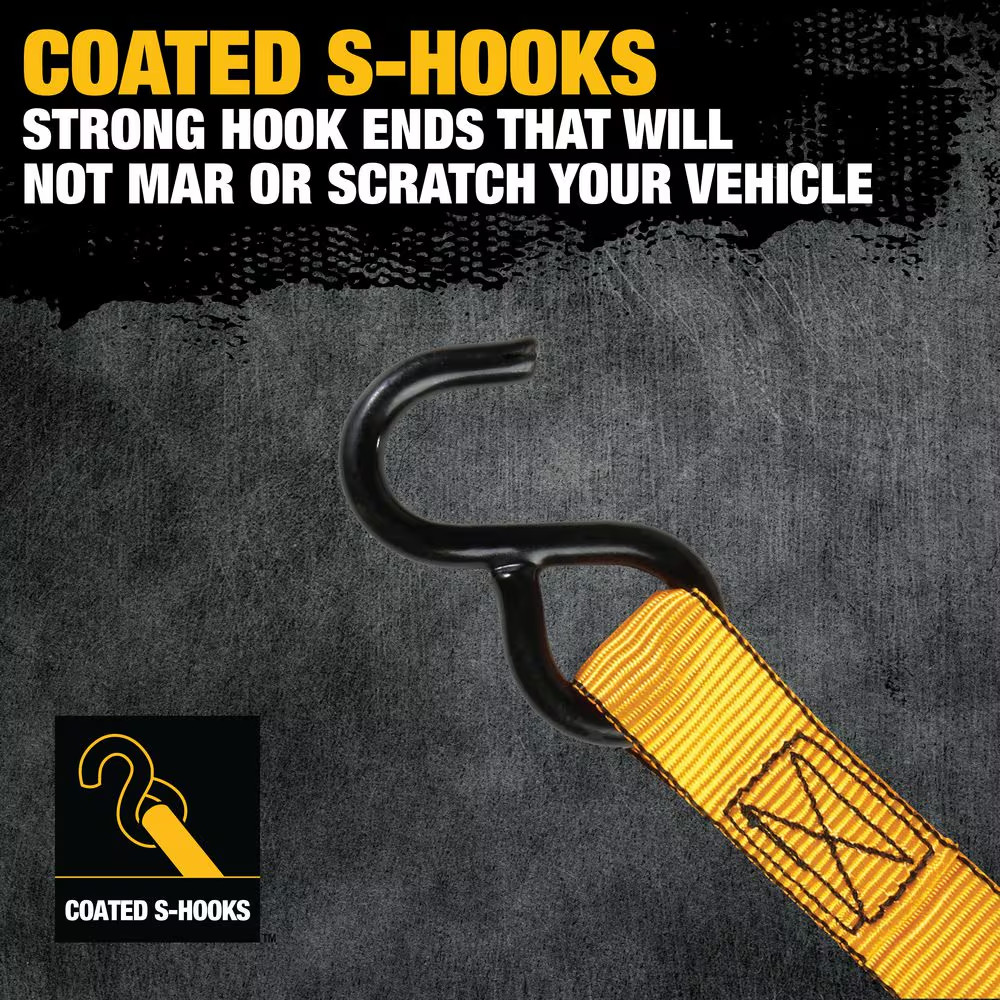 DEWALT Light-Duty Ratchet Straps Tie-Downs, 1 In. X 10 Ft. 1,500 Lbs. Break Stre