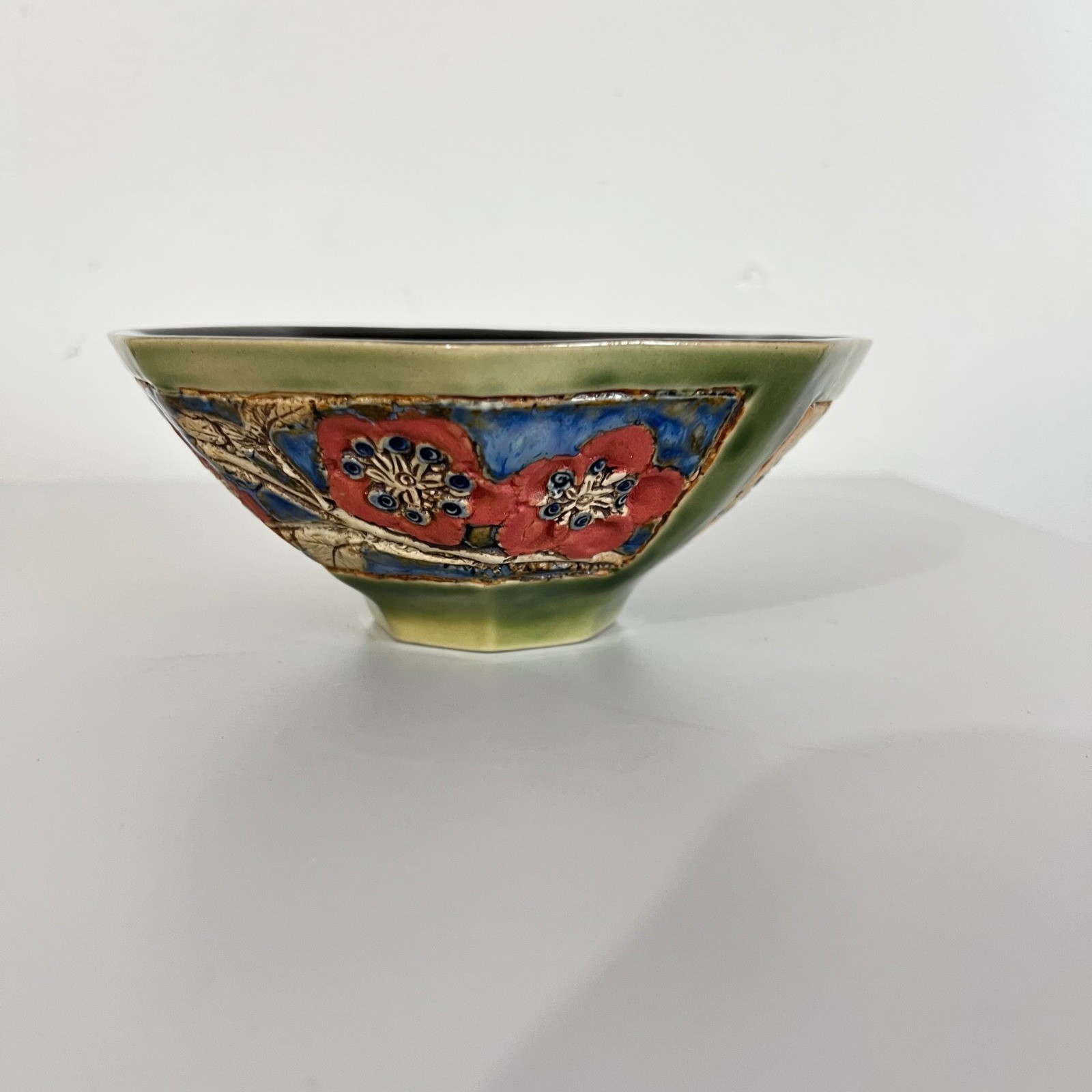 Malaysia Handicraft Pottery Bowl Red Poppies Blue Accents Octagonal Shape
