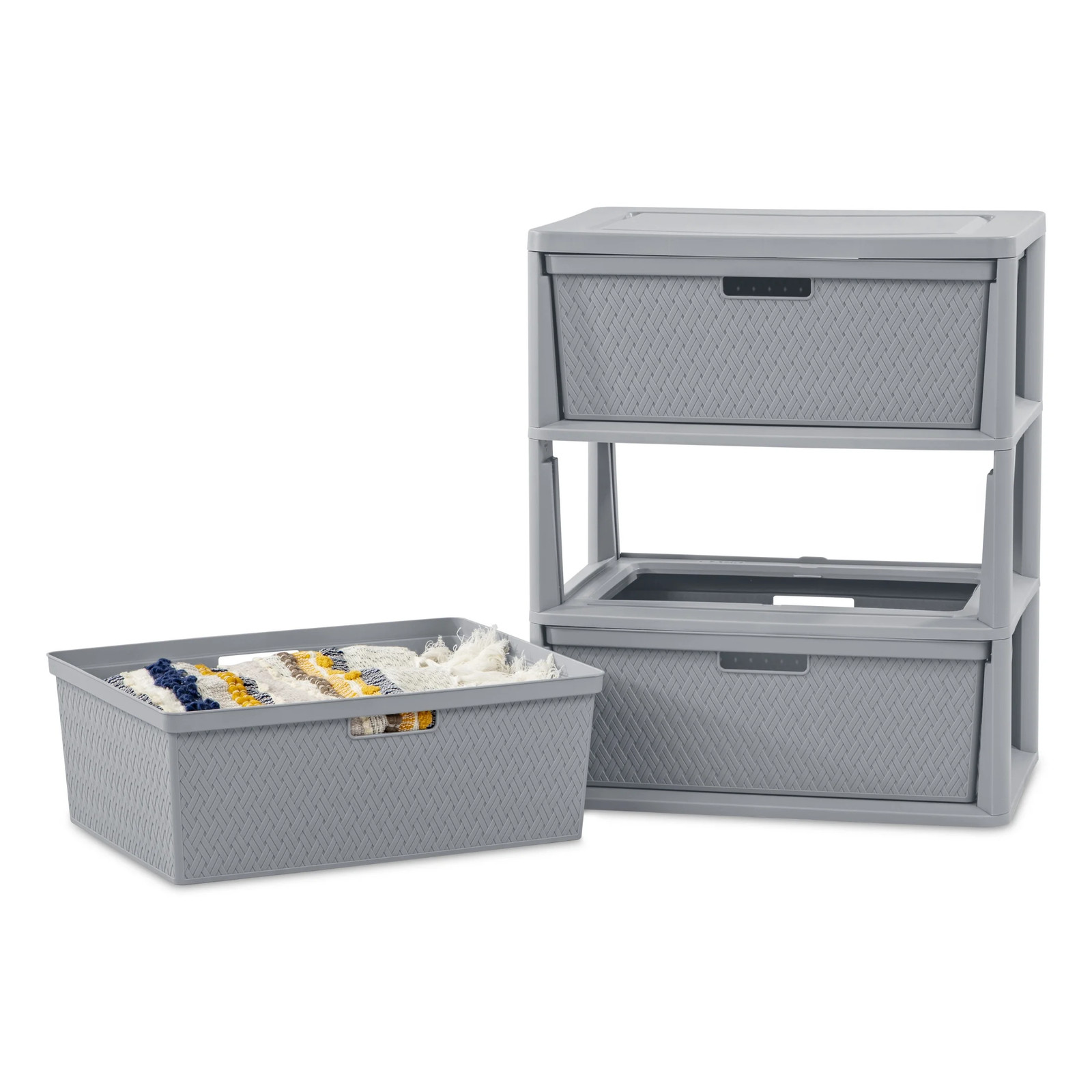 Wide 3 Drawer Tower, Plastic Storage Organizer with Removable Decorative Bins, E