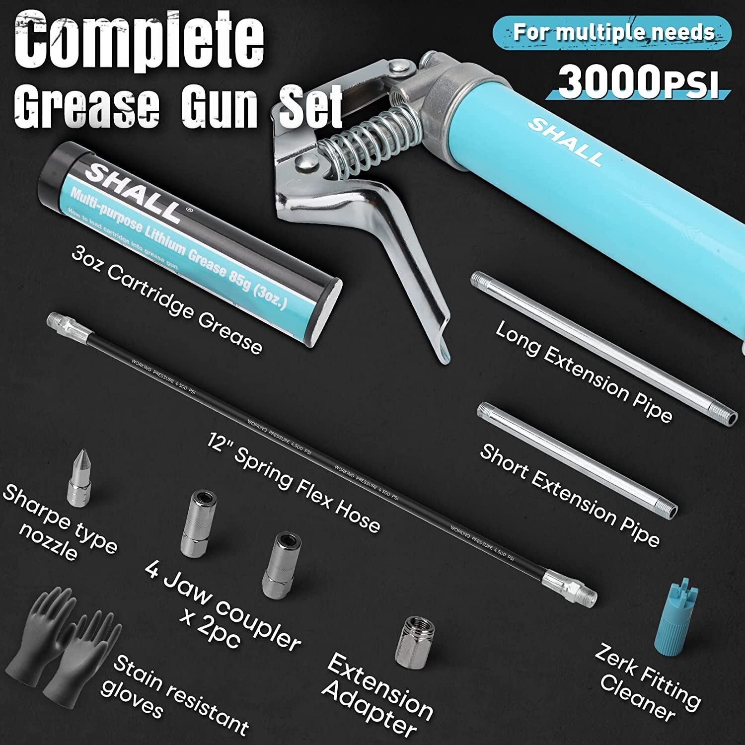SHALL Mini Grease Gun, Small Grease Gun Kit 3.52OZ Capacity, 3000PSI NEW