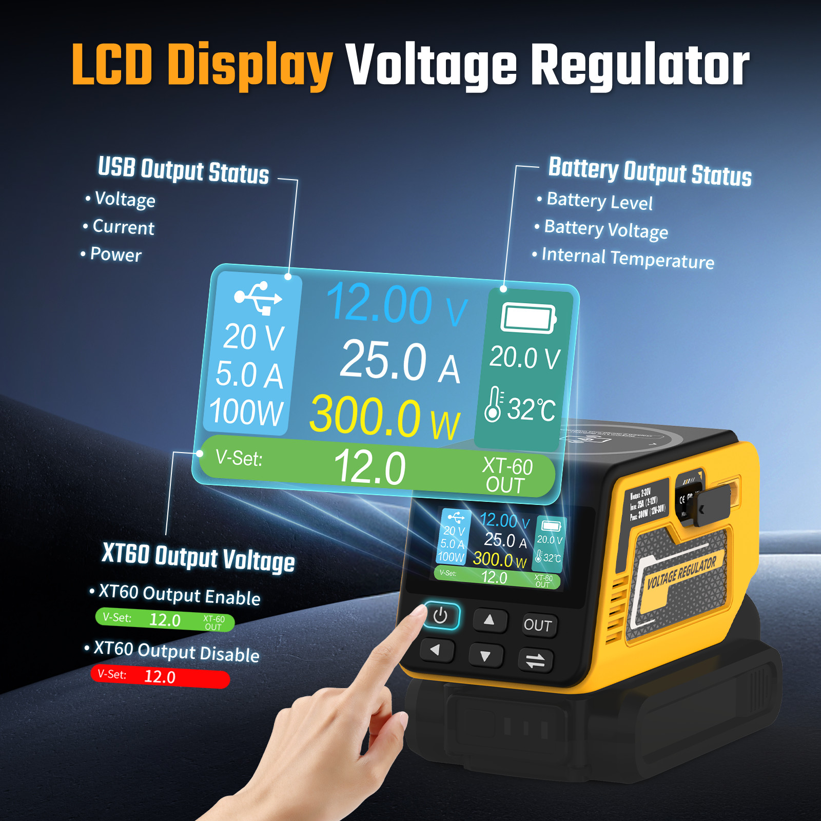 300W power Regulator Compatible with Dewalt 20V Battery – 2-30V DC Adjustable