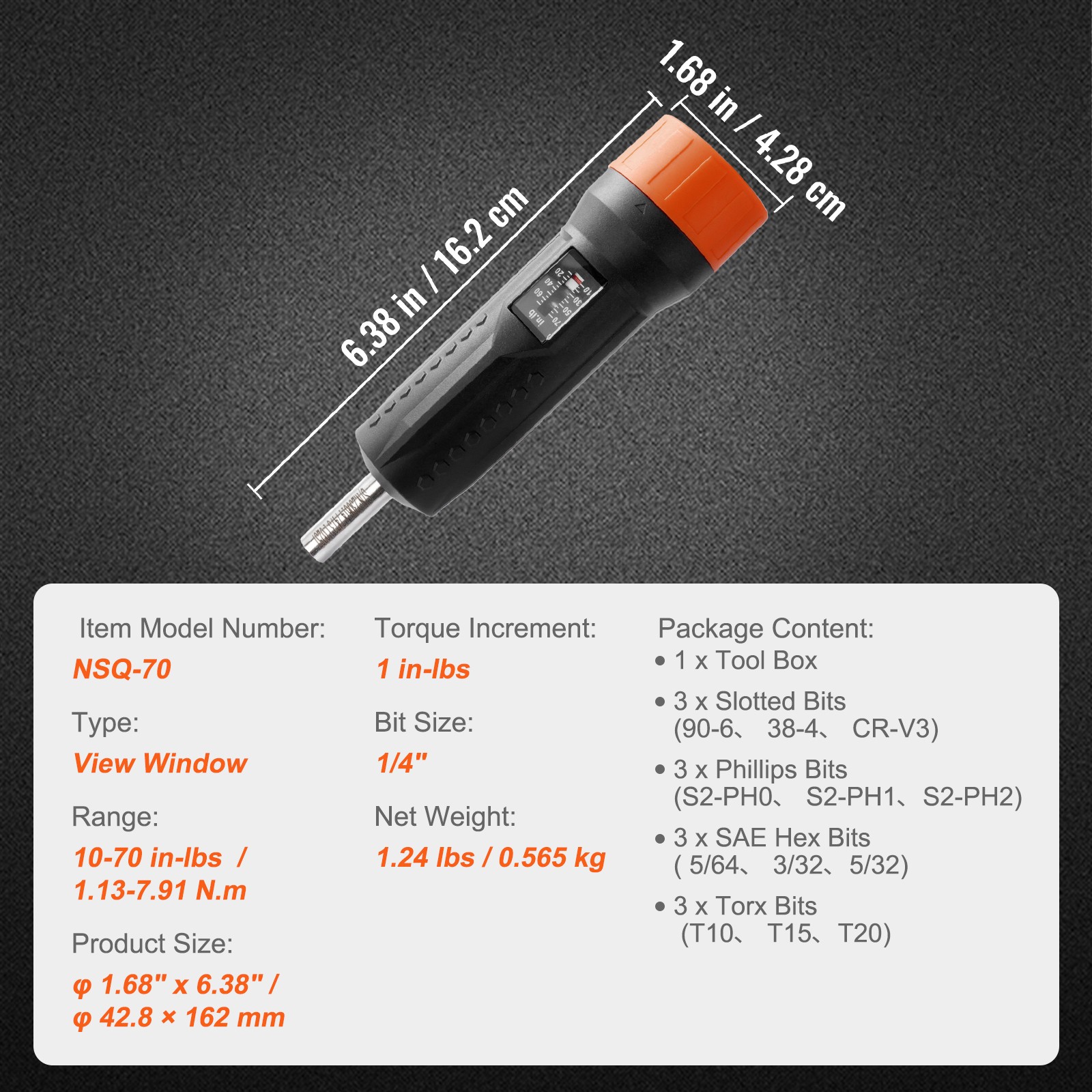 VEVOR Torque Screwdriver 1/4″ Range 10-70 in/lb w/ 1 in-lb Increment View Window