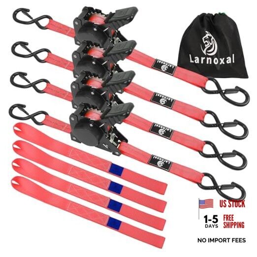Retractable Ratchet Straps 4 Pack – 1,500 Lbs Break Strength 1 in x 10 Ft Red