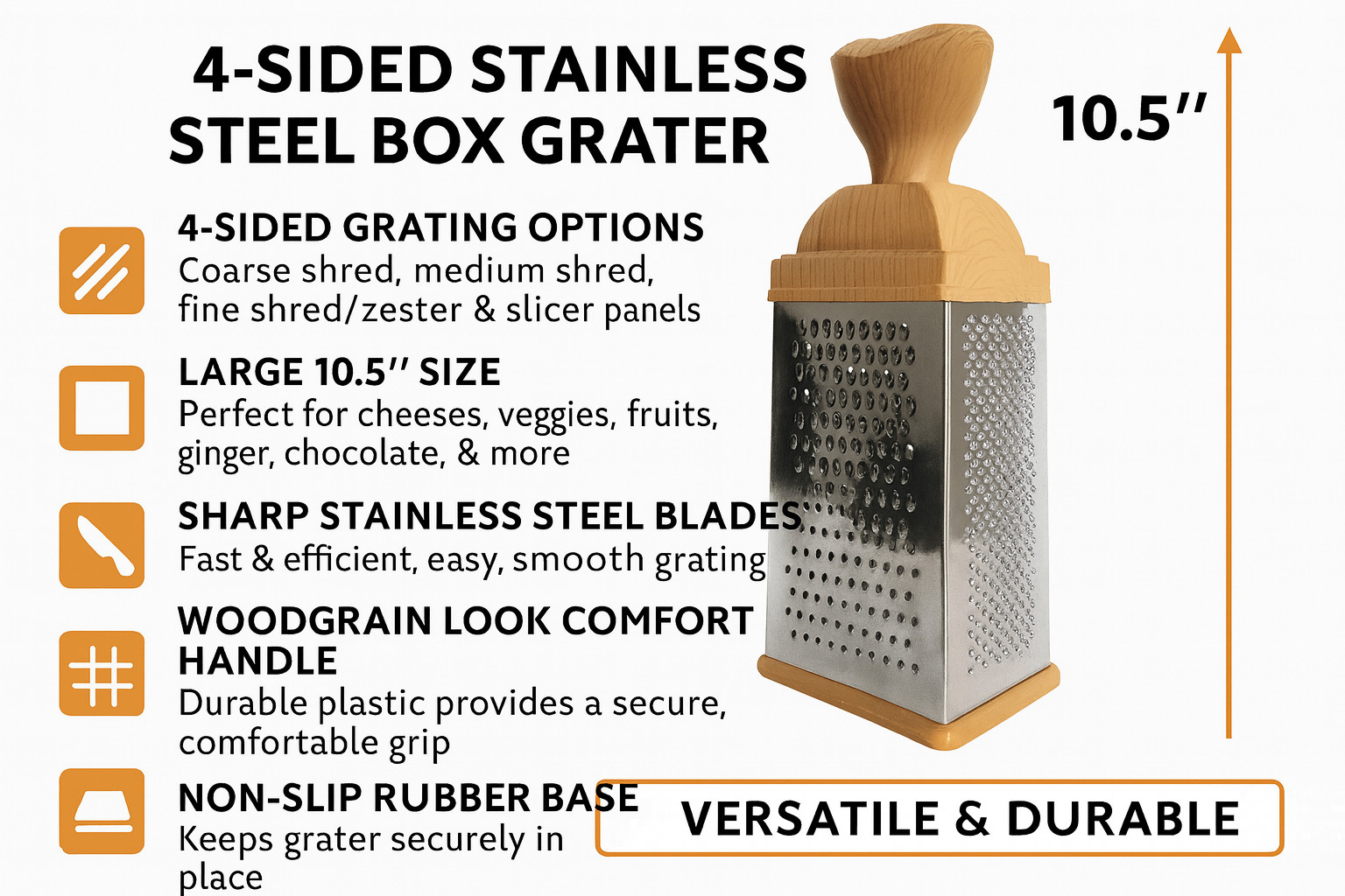 4-Sided Stainless Steel Box Cheese Grater 10.5″ w/ Woodgrain Handle Non-Slip